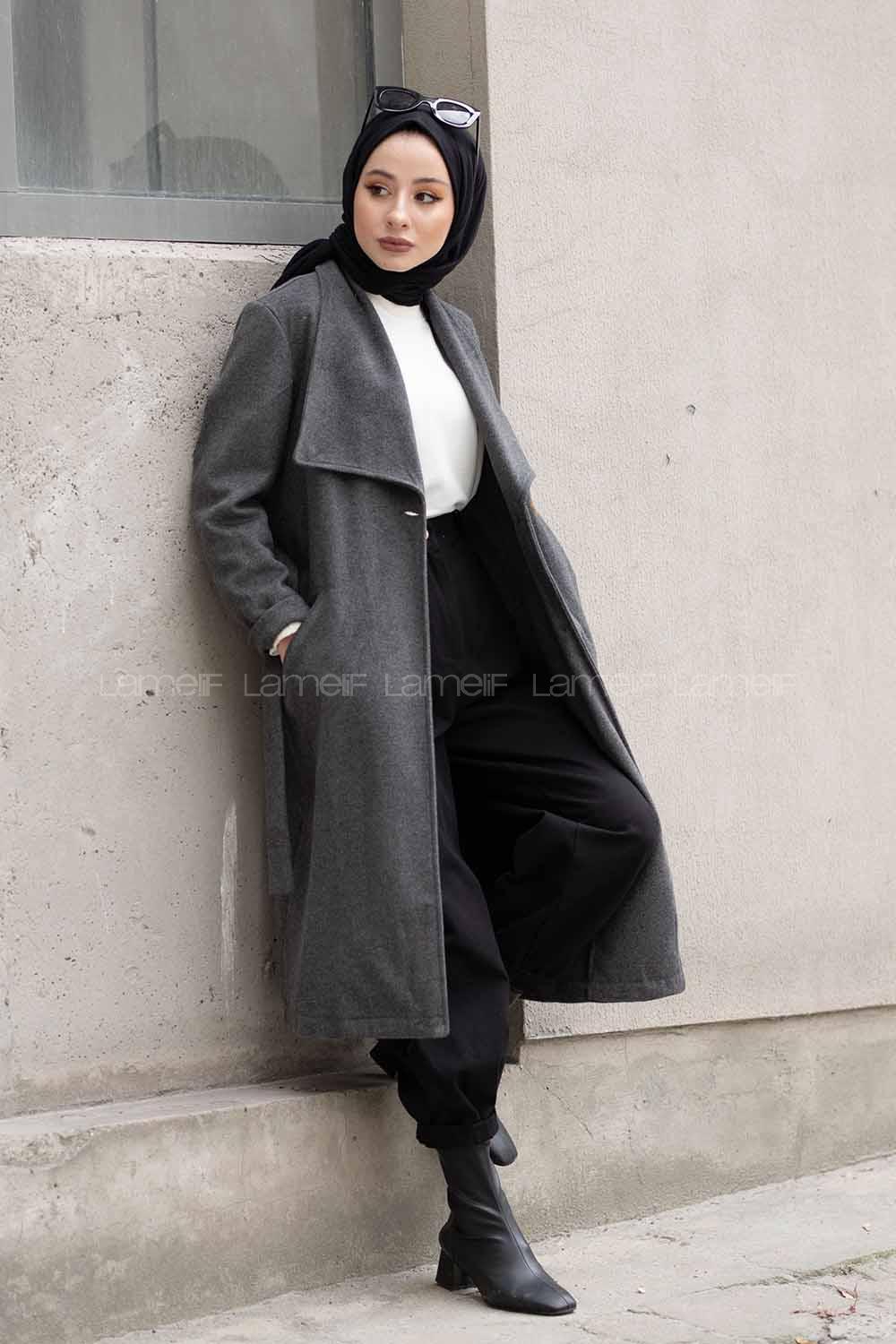 Modalamelif Çift Cepli Kuşaklı Kaşe Kaban Antrasit