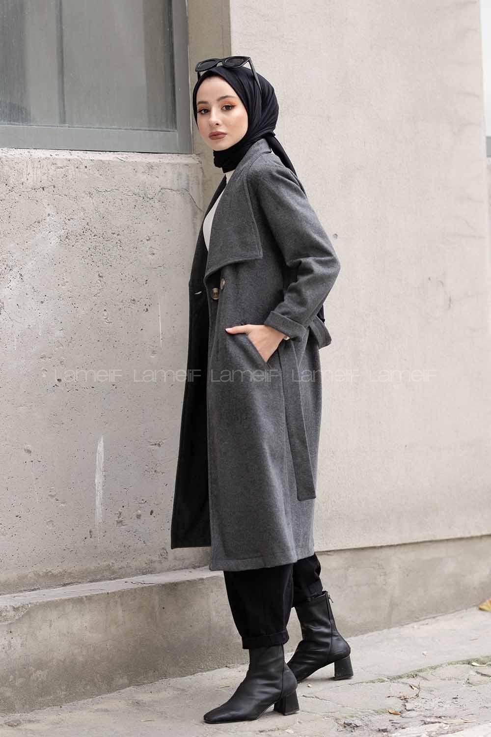 Modalamelif Çift Cepli Kuşaklı Kaşe Kaban Antrasit