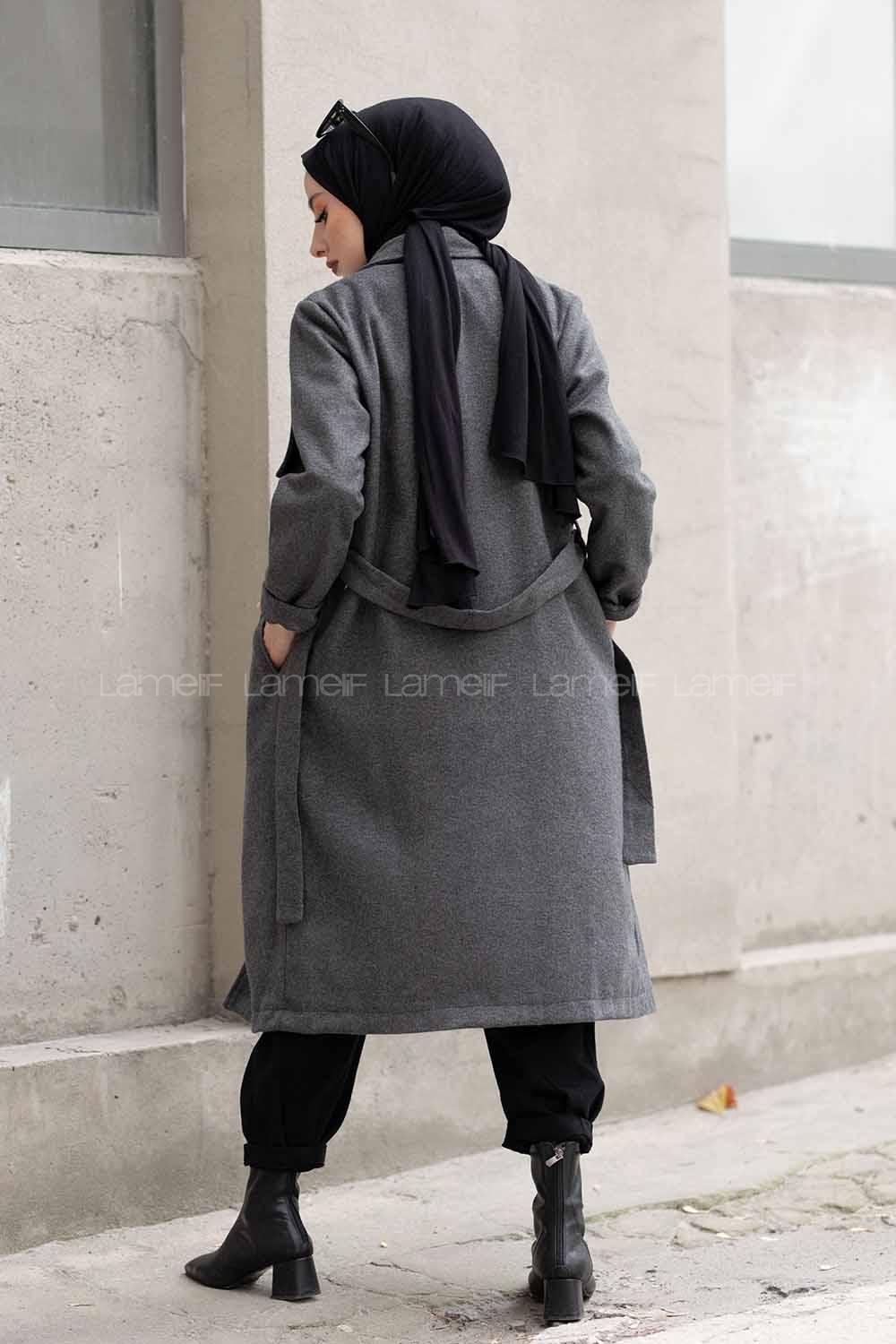 Modalamelif Çift Cepli Kuşaklı Kaşe Kaban Antrasit