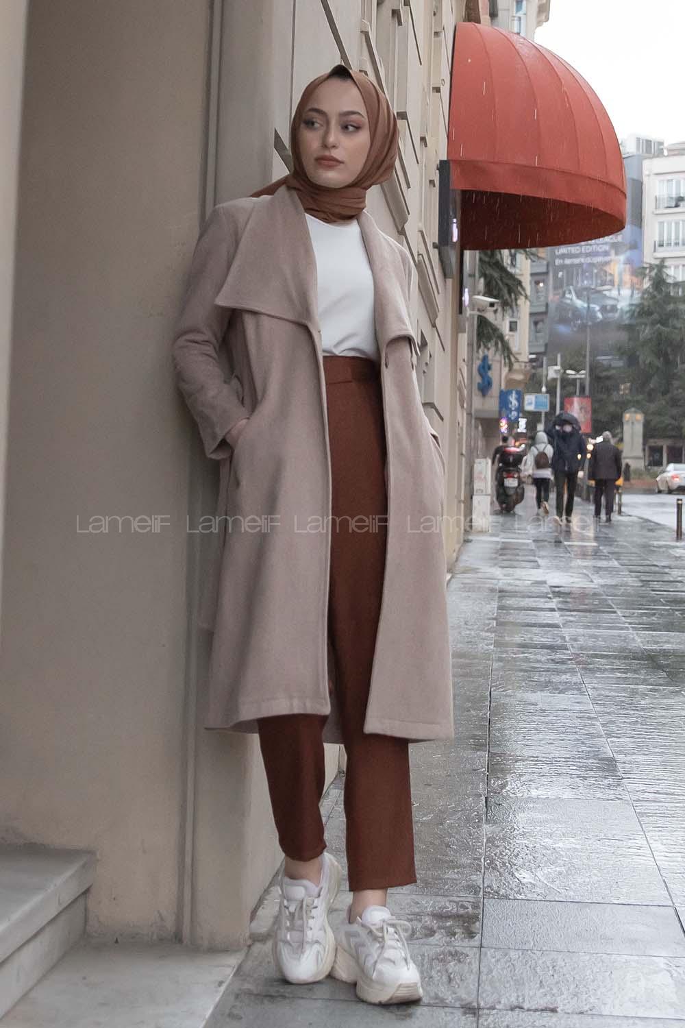 Modalamelif Çift Cepli Kuşaklı Kaşe Kaban Kum Beji