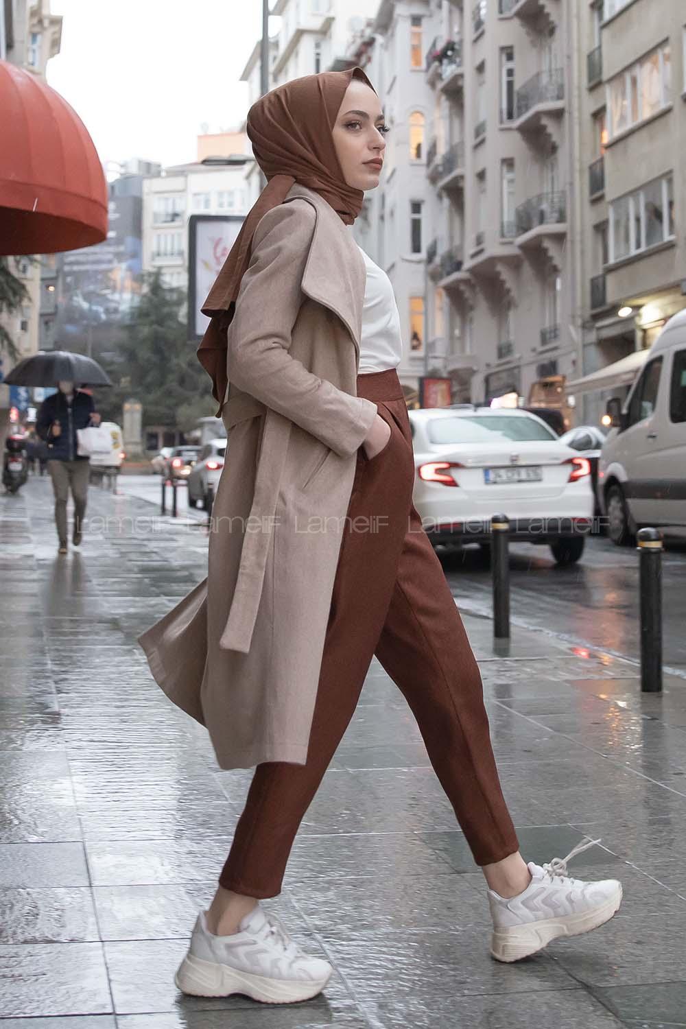 Modalamelif Çift Cepli Kuşaklı Kaşe Kaban Kum Beji