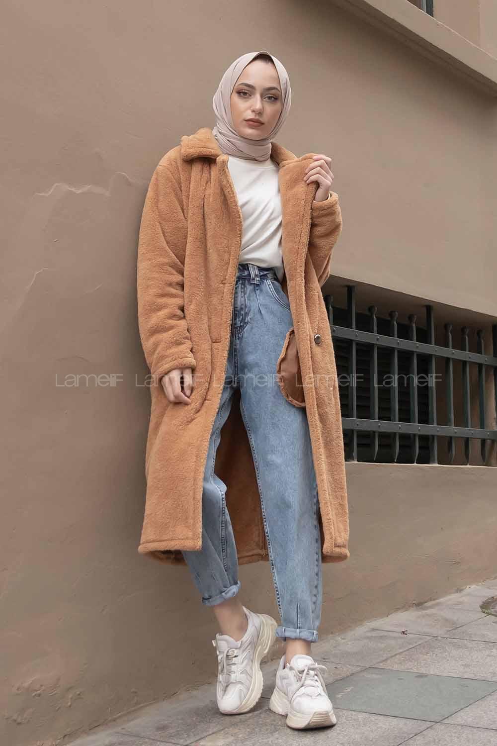 Modalamelif Çift Cepli Uzun Peluş Kaban Camel