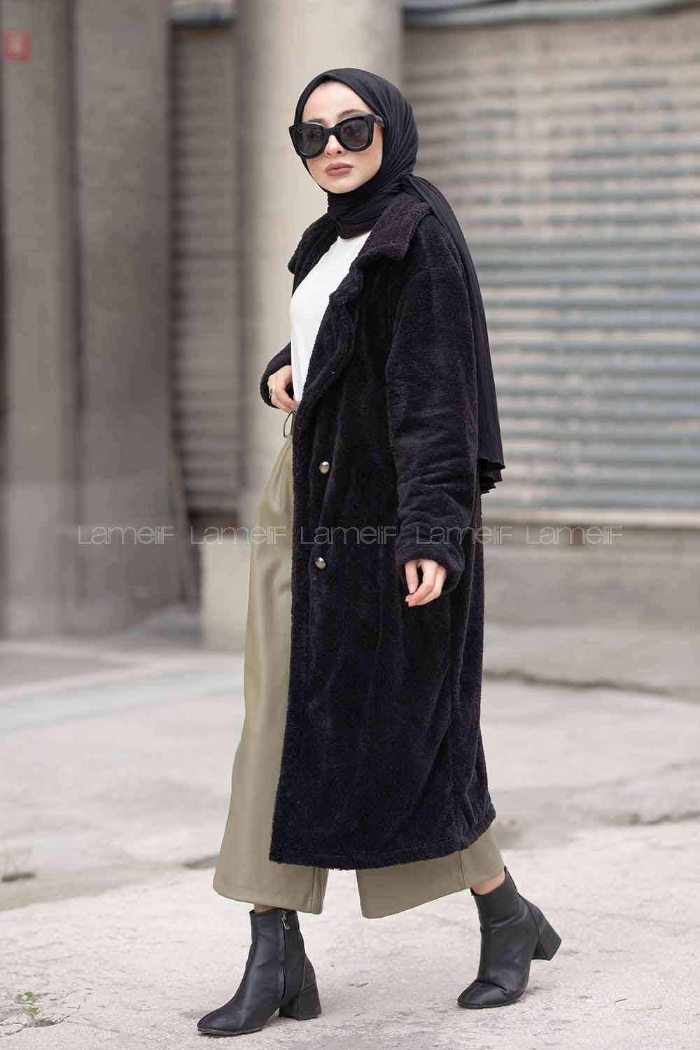 Modalamelif Çift Cepli Uzun Peluş Kaban Siyah