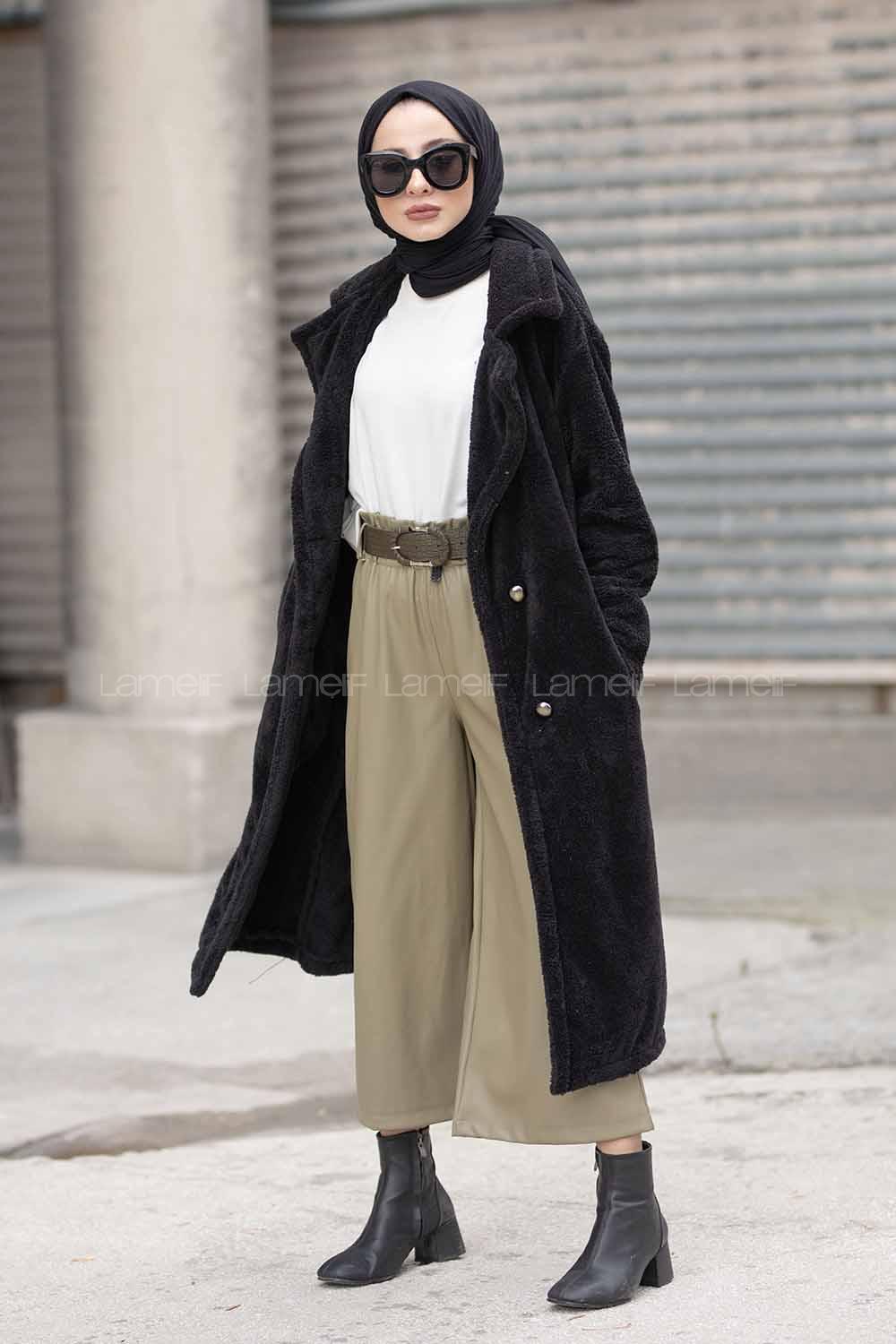 Modalamelif Çift Cepli Uzun Peluş Kaban Siyah