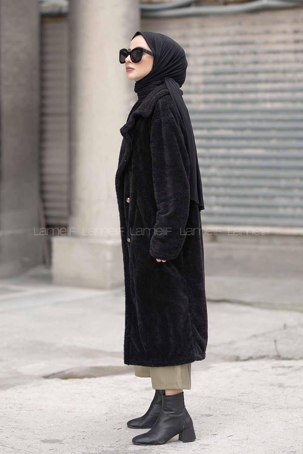 Modalamelif Çift Cepli Uzun Peluş Kaban Siyah