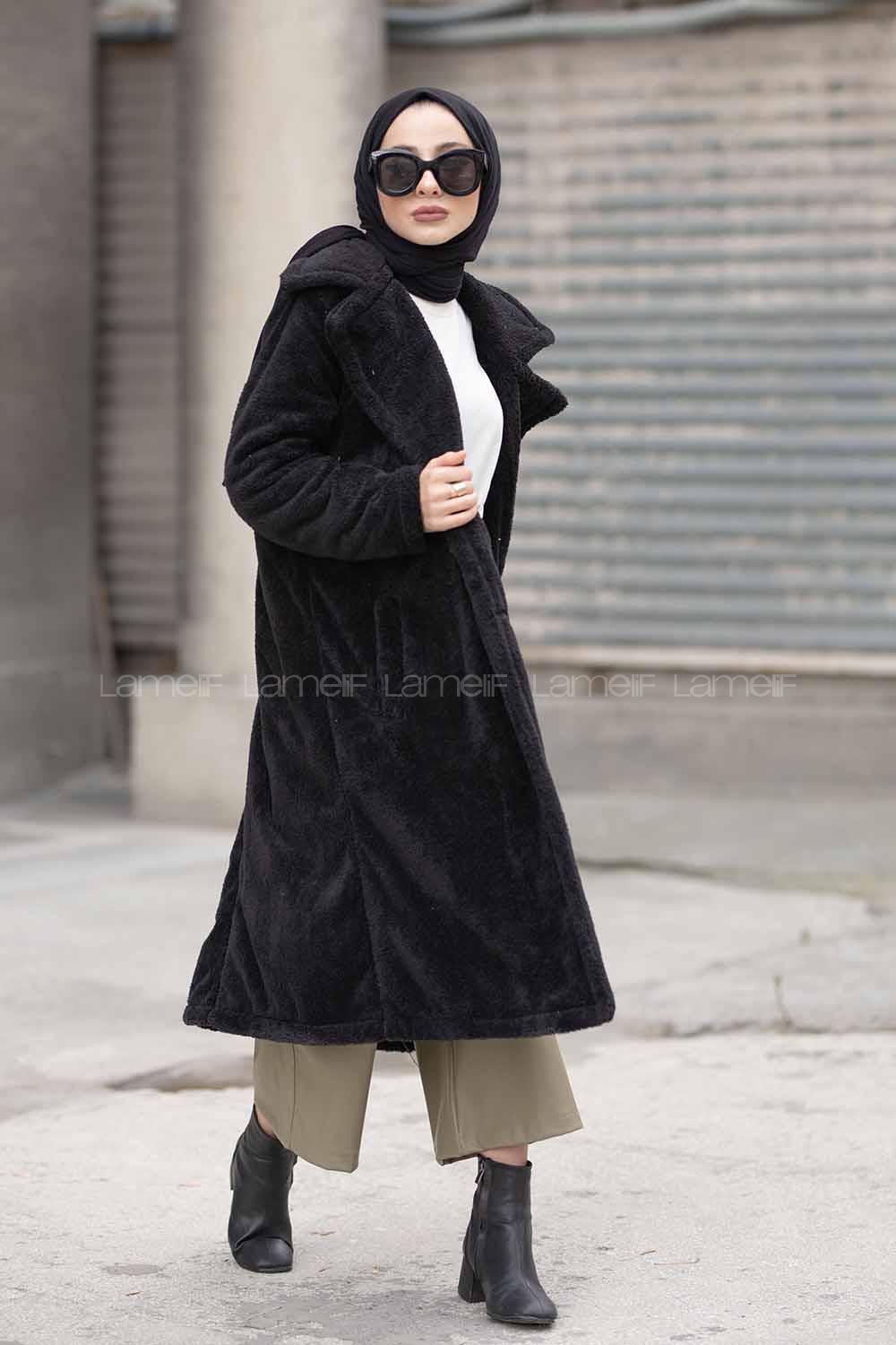 Modalamelif Çift Cepli Uzun Peluş Kaban Siyah