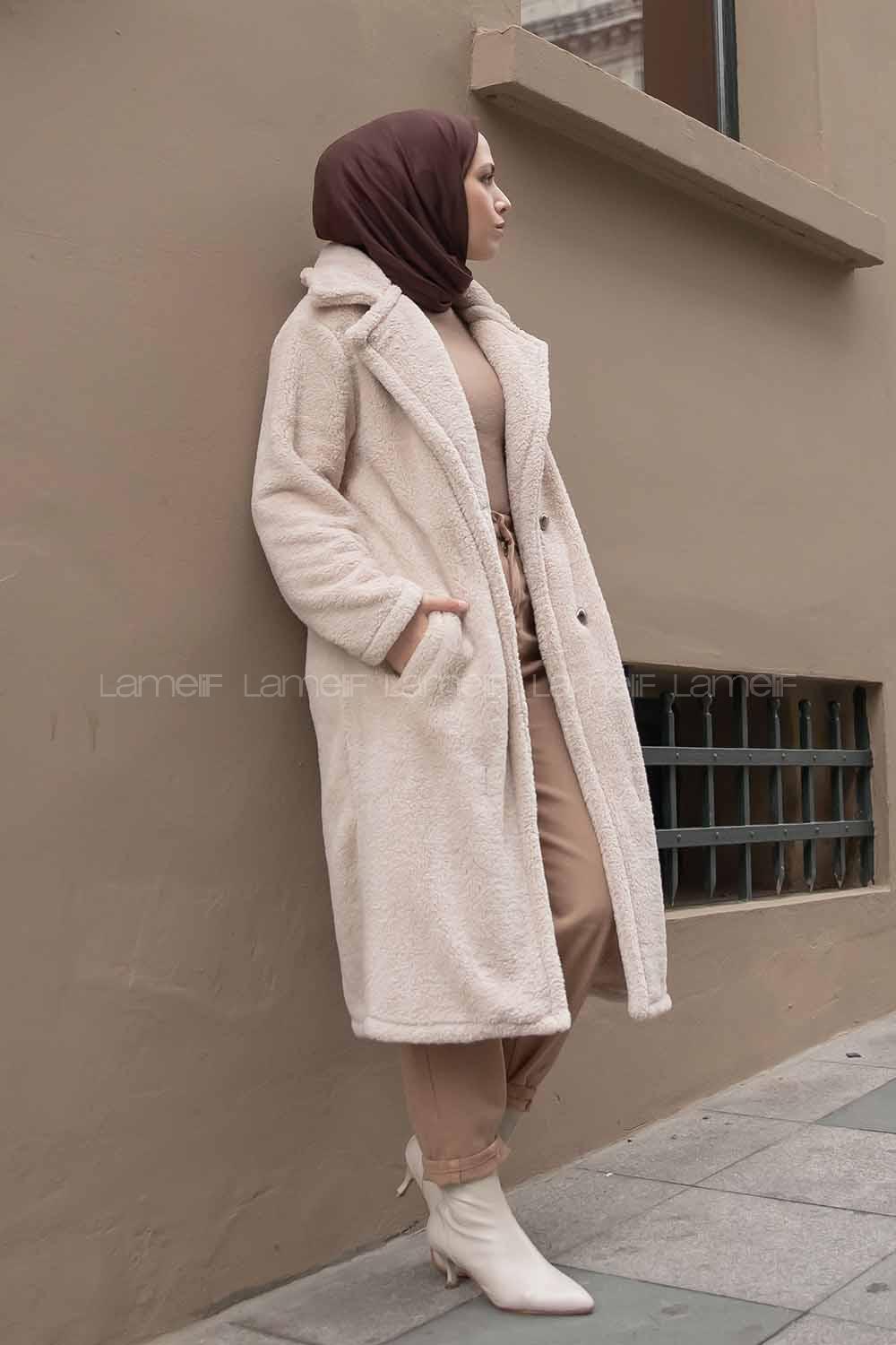 Modalamelif Çift Cepli Uzun Peluş Kaban Taş