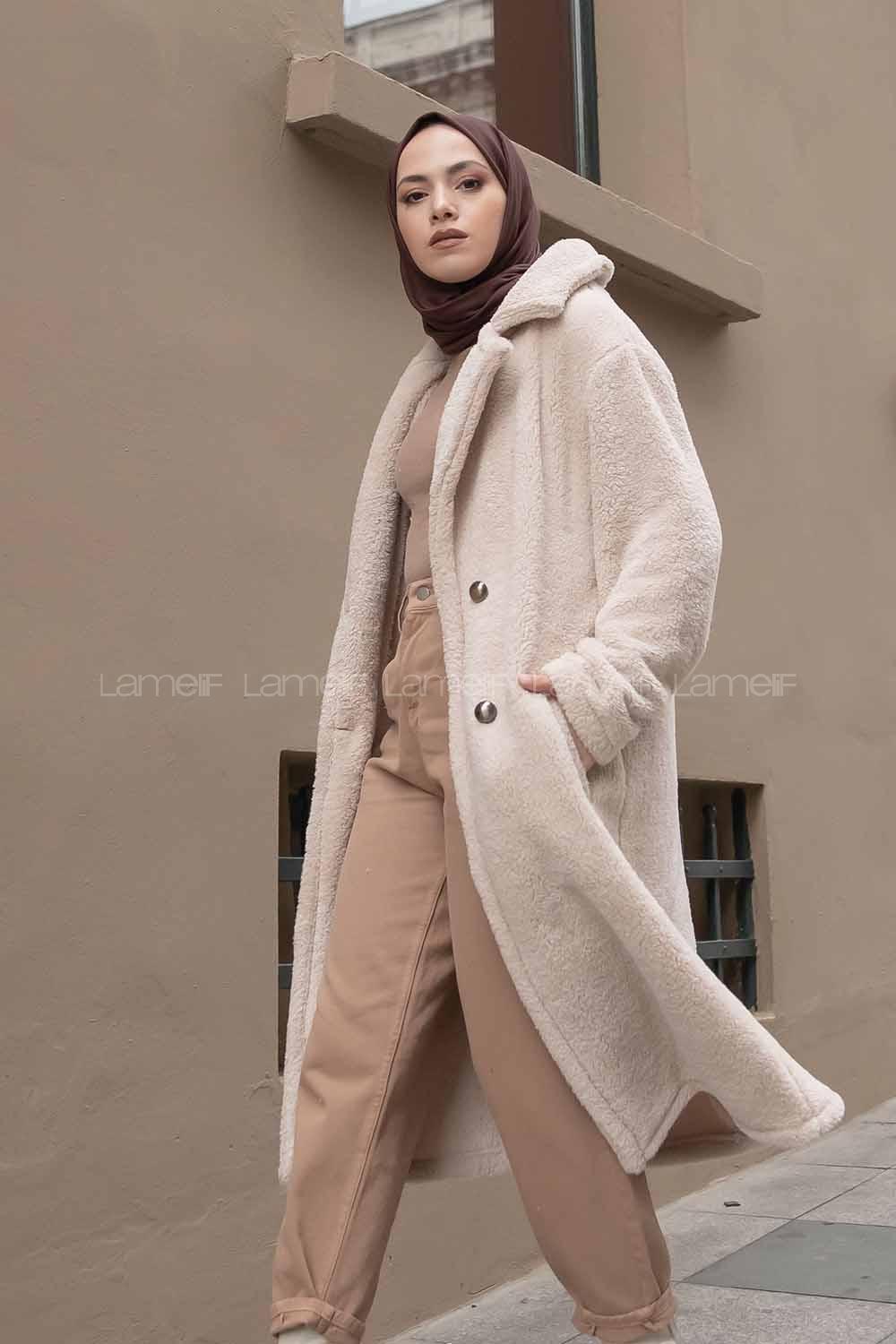 Modalamelif Çift Cepli Uzun Peluş Kaban Taş