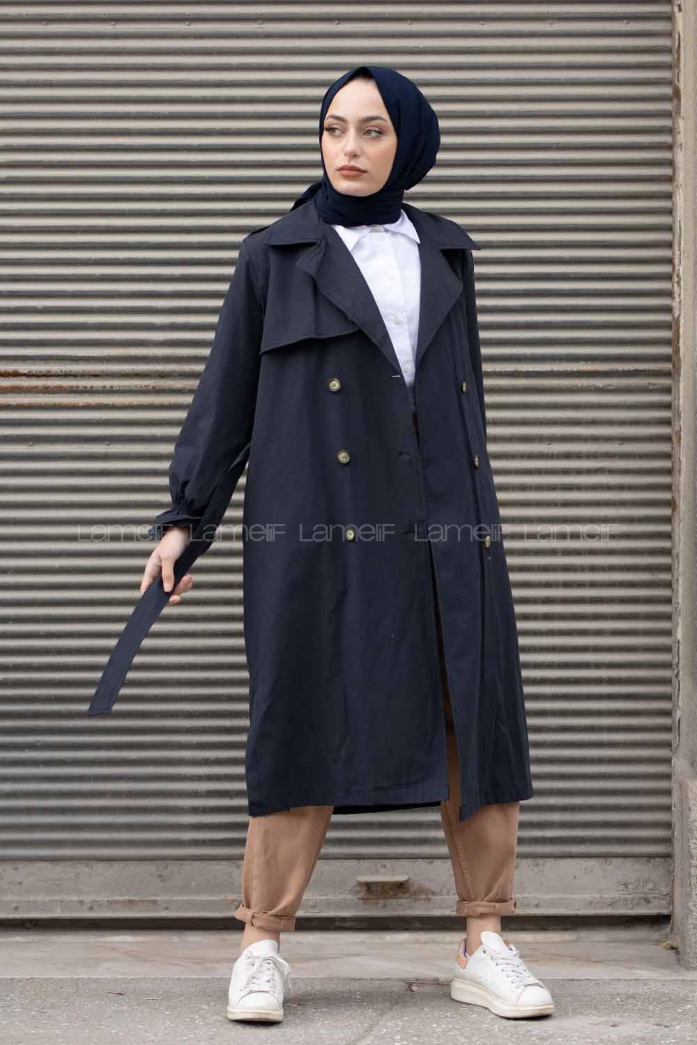 Modalamelif İçi Astarlı Kol Lastikli  Trenç Lacivert