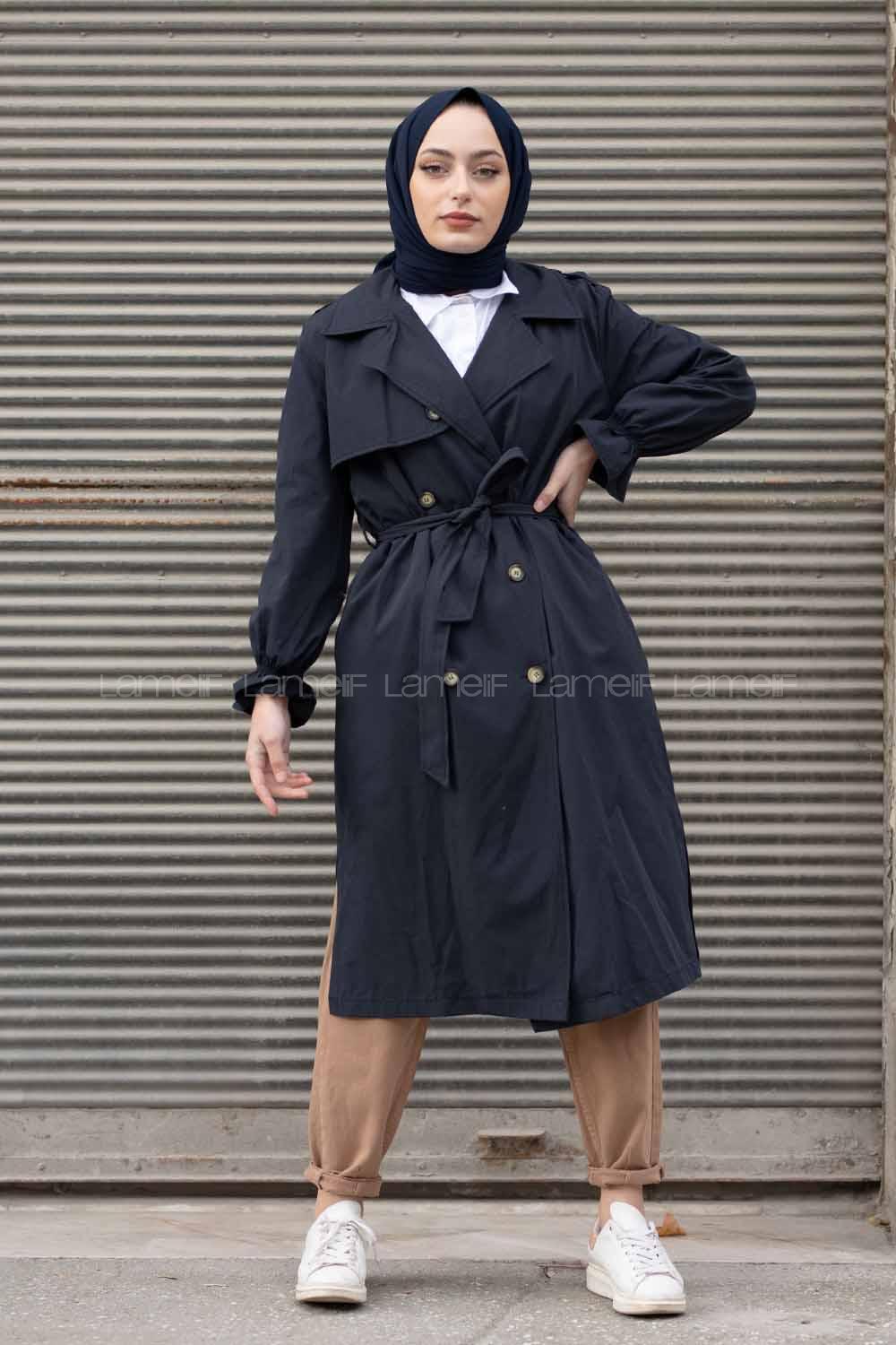 Modalamelif İçi Astarlı Kol Lastikli  Trenç Lacivert