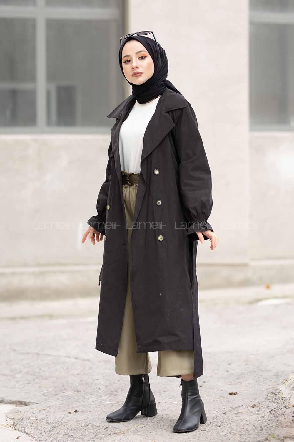 Modalamelif İçi Astarlı Kol Lastikli  Trenç Siyah