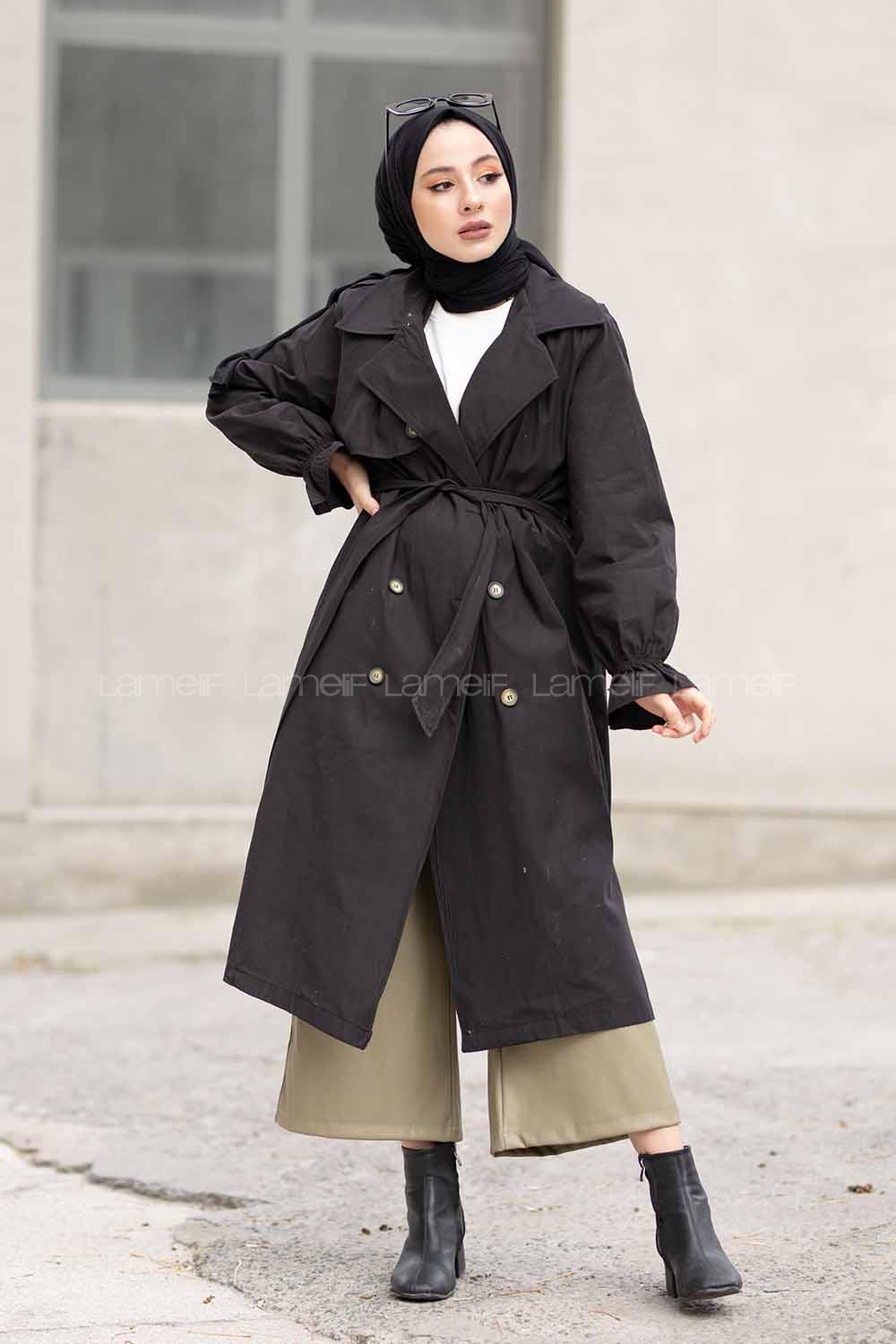 Modalamelif İçi Astarlı Kol Lastikli  Trenç Siyah