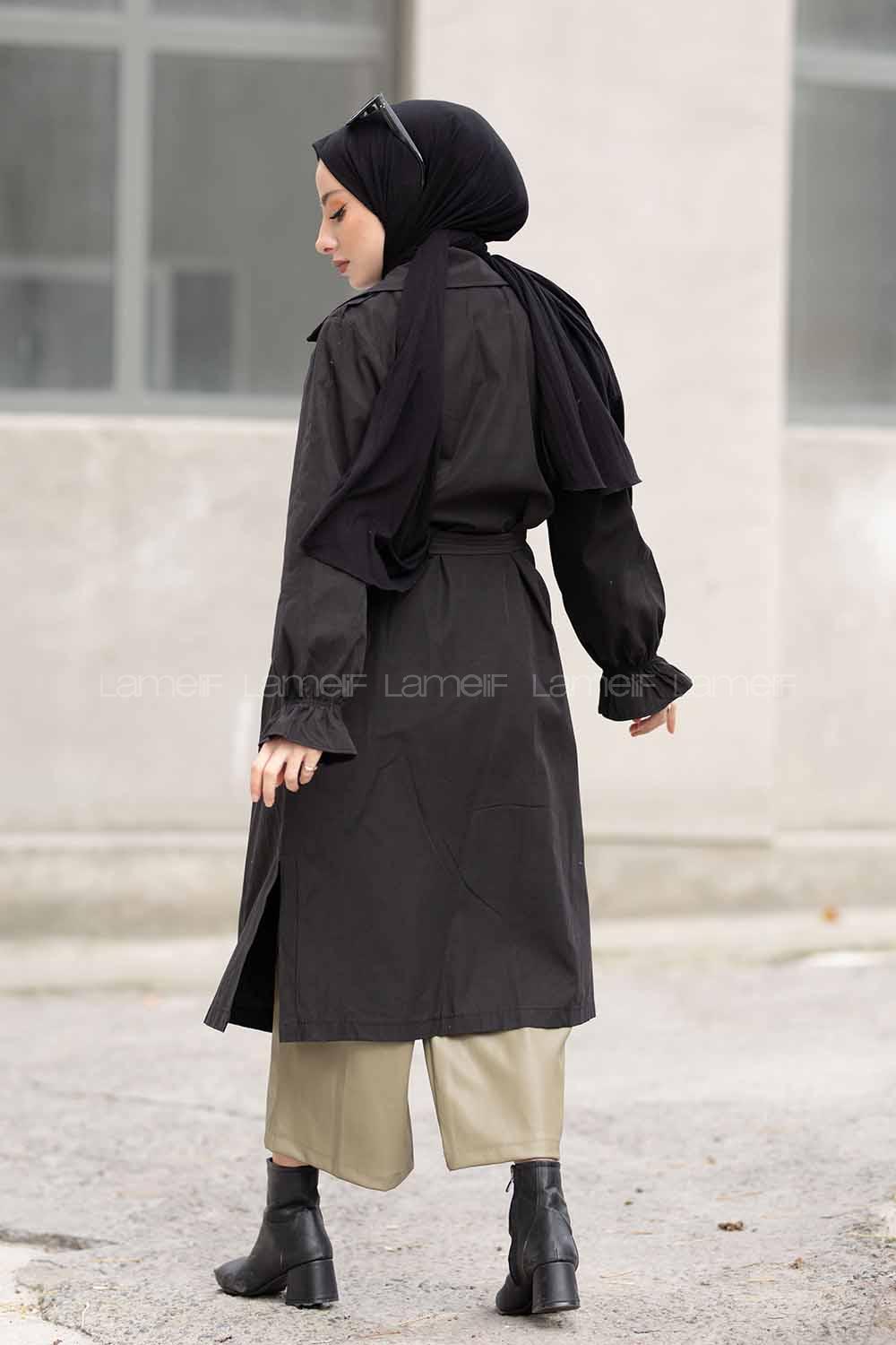 Modalamelif İçi Astarlı Kol Lastikli  Trenç Siyah