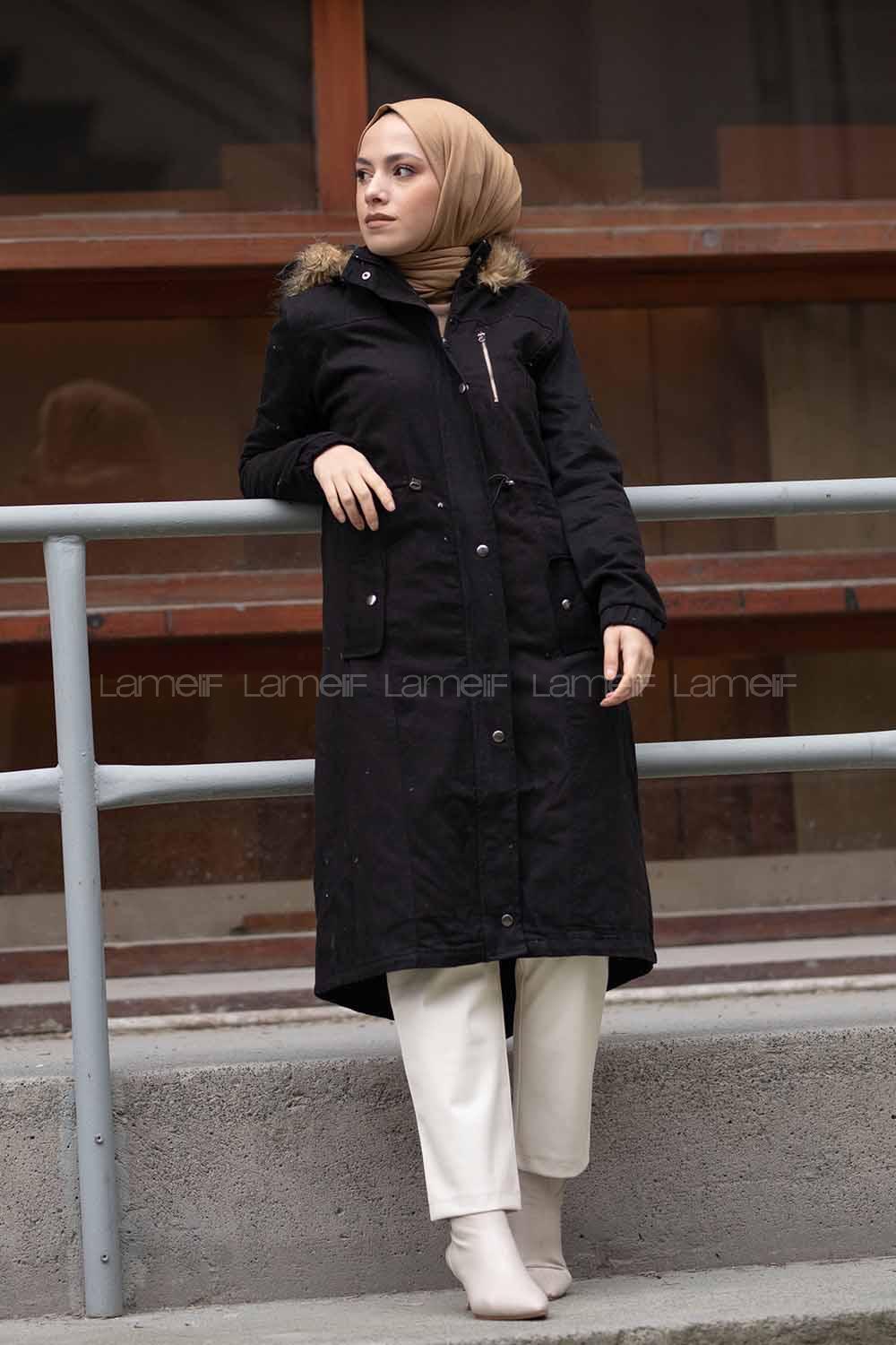 Modalamelif İçi Kürklü Kapşonlu Gabardin Kaban Siyah