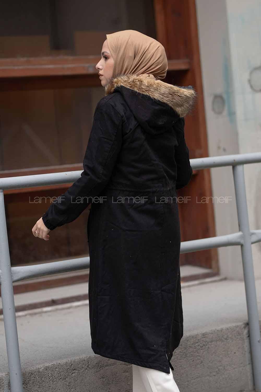 Modalamelif İçi Kürklü Kapşonlu Gabardin Kaban Siyah