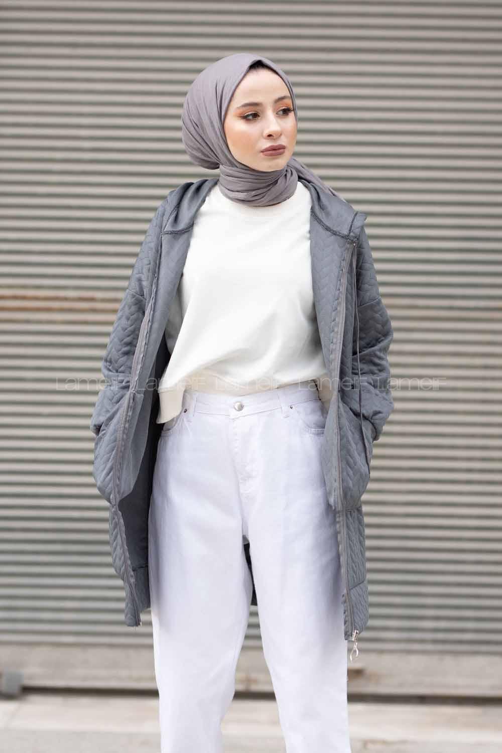 Modalamelif Kapşonlu Kapitone Hırka Bohem Gri