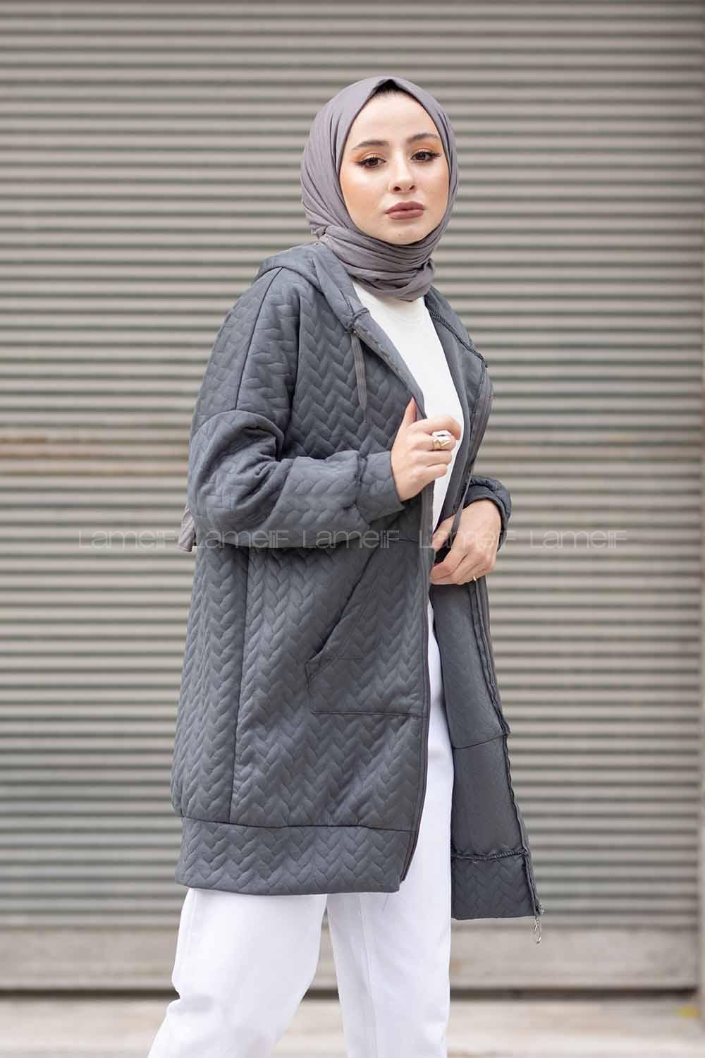 Modalamelif Kapşonlu Kapitone Hırka Bohem Gri