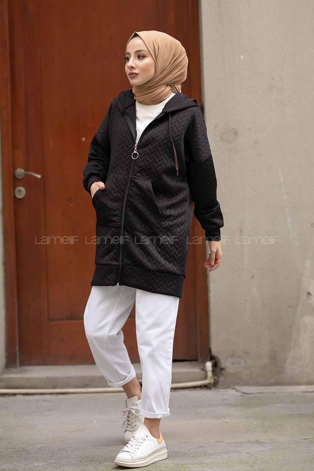 Modalamelif Kapşonlu Kapitone Hırka Siyah