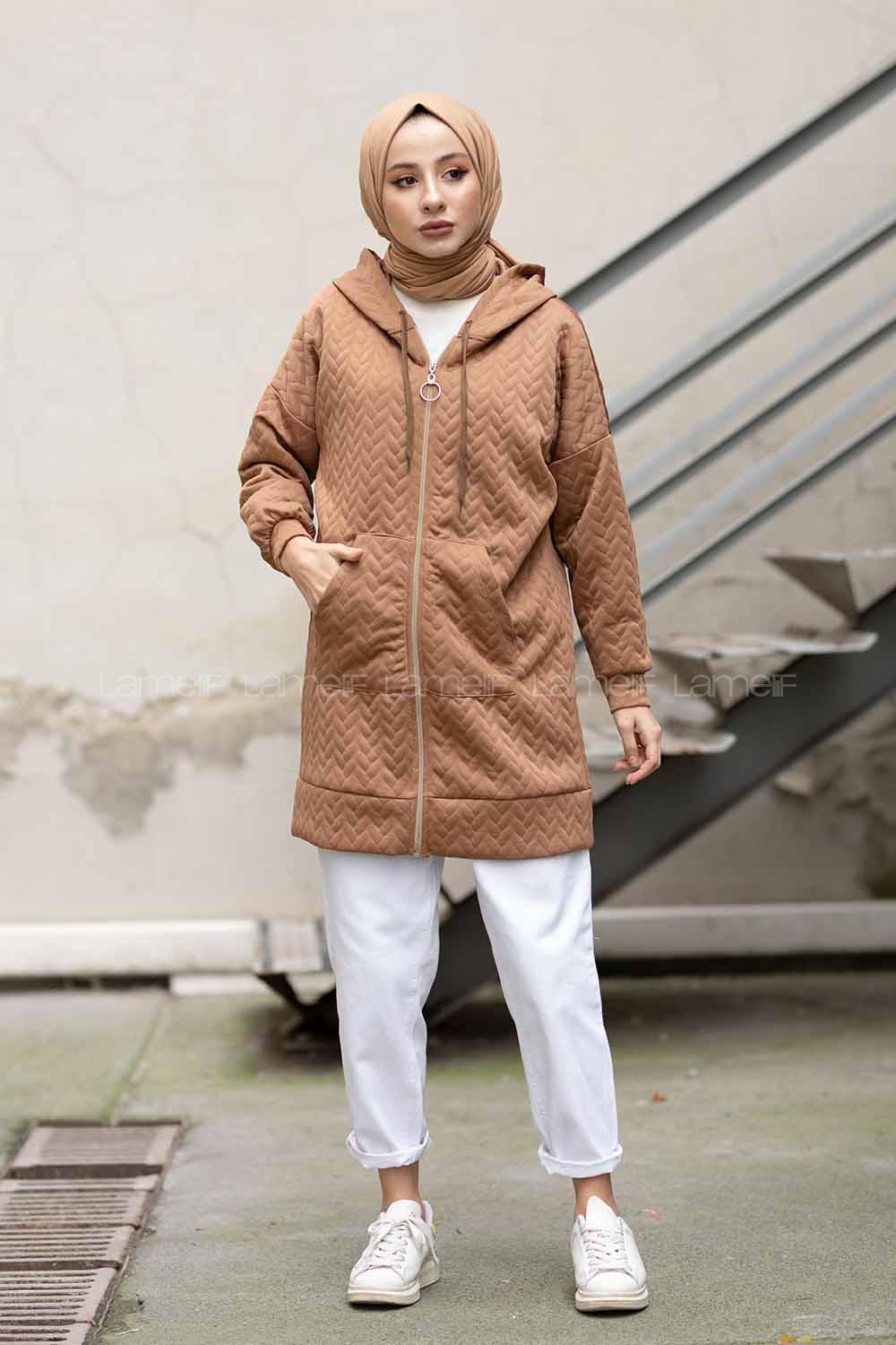 Modalamelif  Kapşonlu Kapitone Hırka Sütlü Kahve