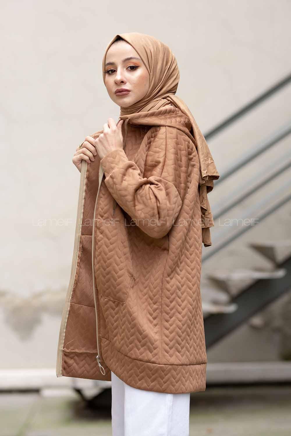 Modalamelif  Kapşonlu Kapitone Hırka Sütlü Kahve