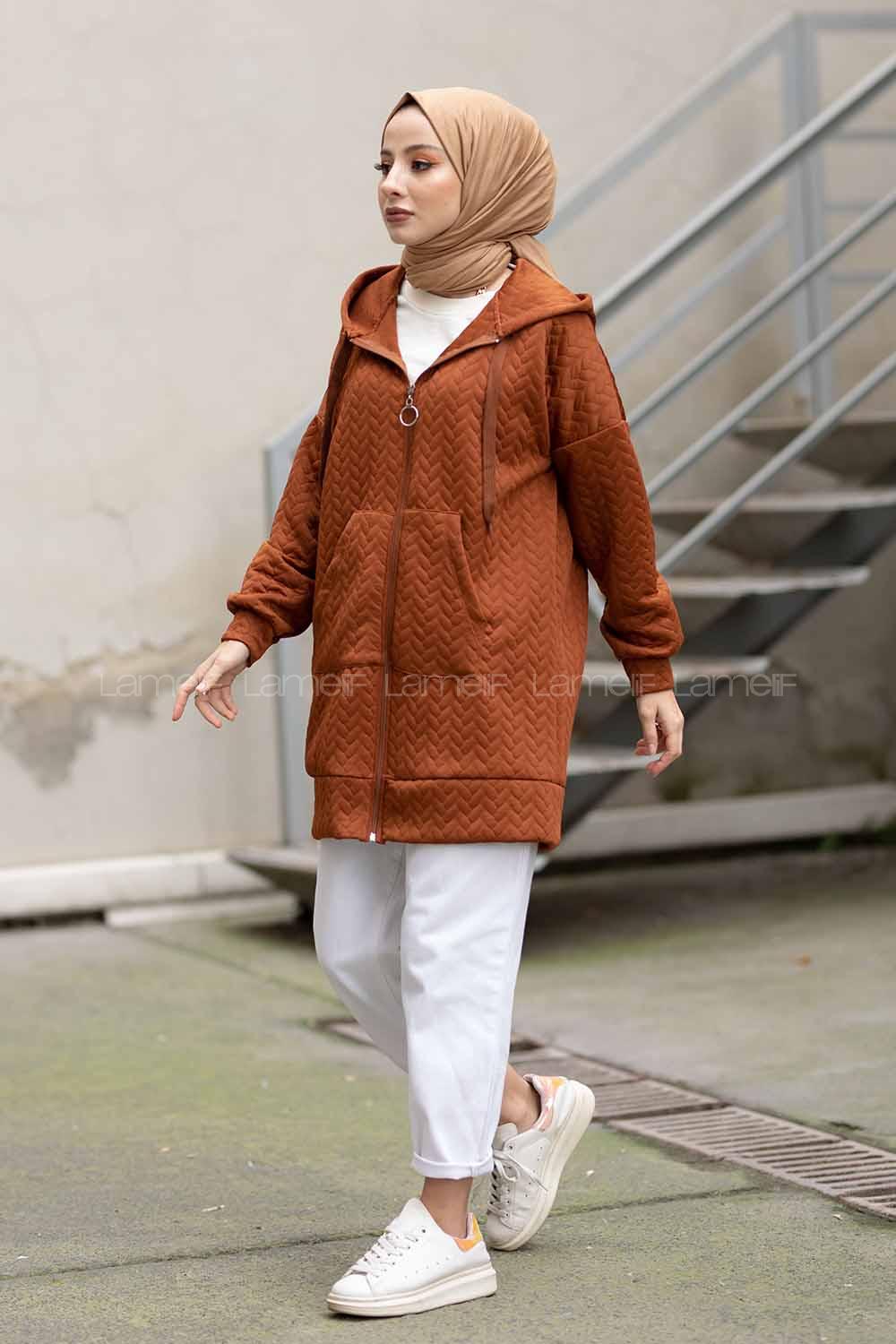 Modalamelif Kapşonlu Kapitone Hırka Taba