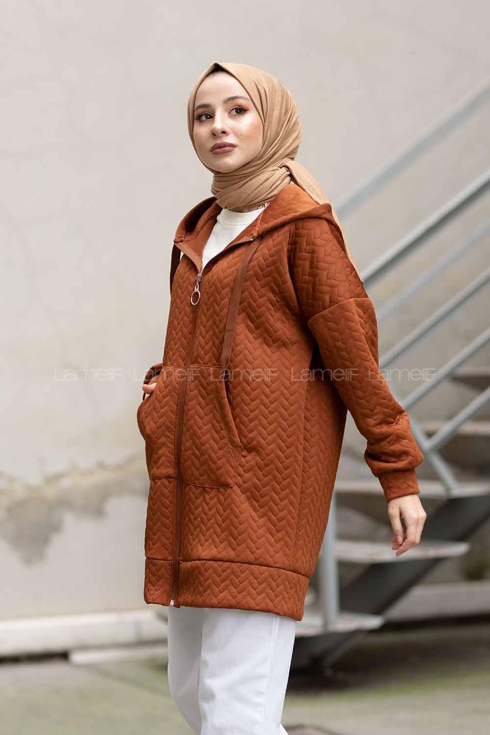 Modalamelif Kapşonlu Kapitone Hırka Taba