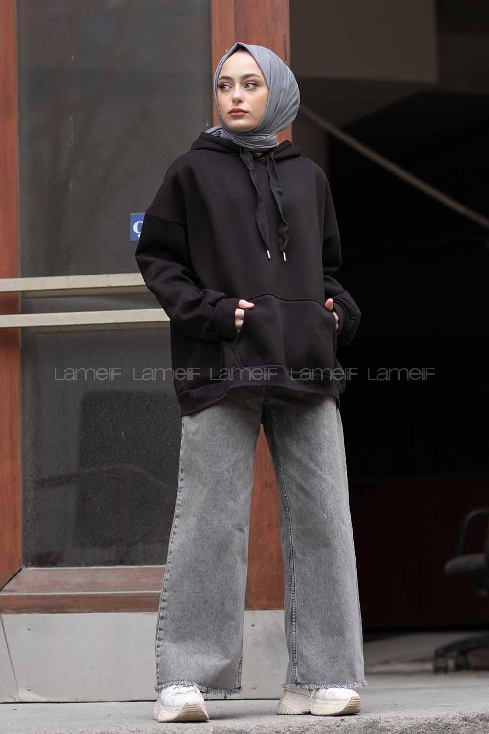 Modalamelif Kapşonlu Salaş Sweatshirt Siyah