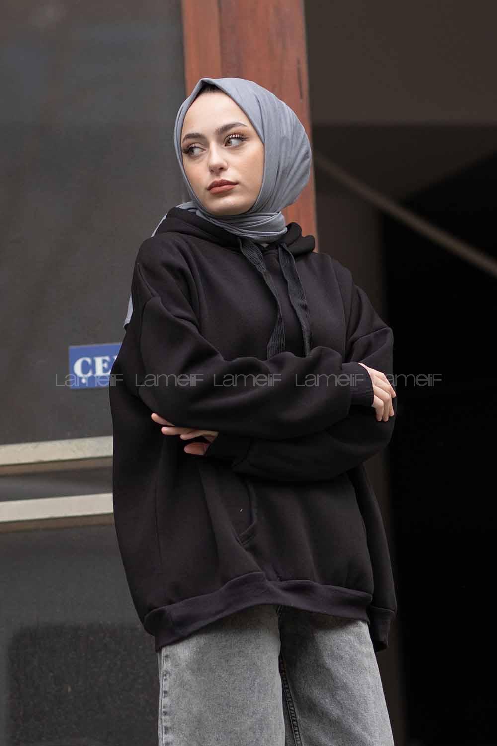 Modalamelif Kapşonlu Salaş Sweatshirt Siyah