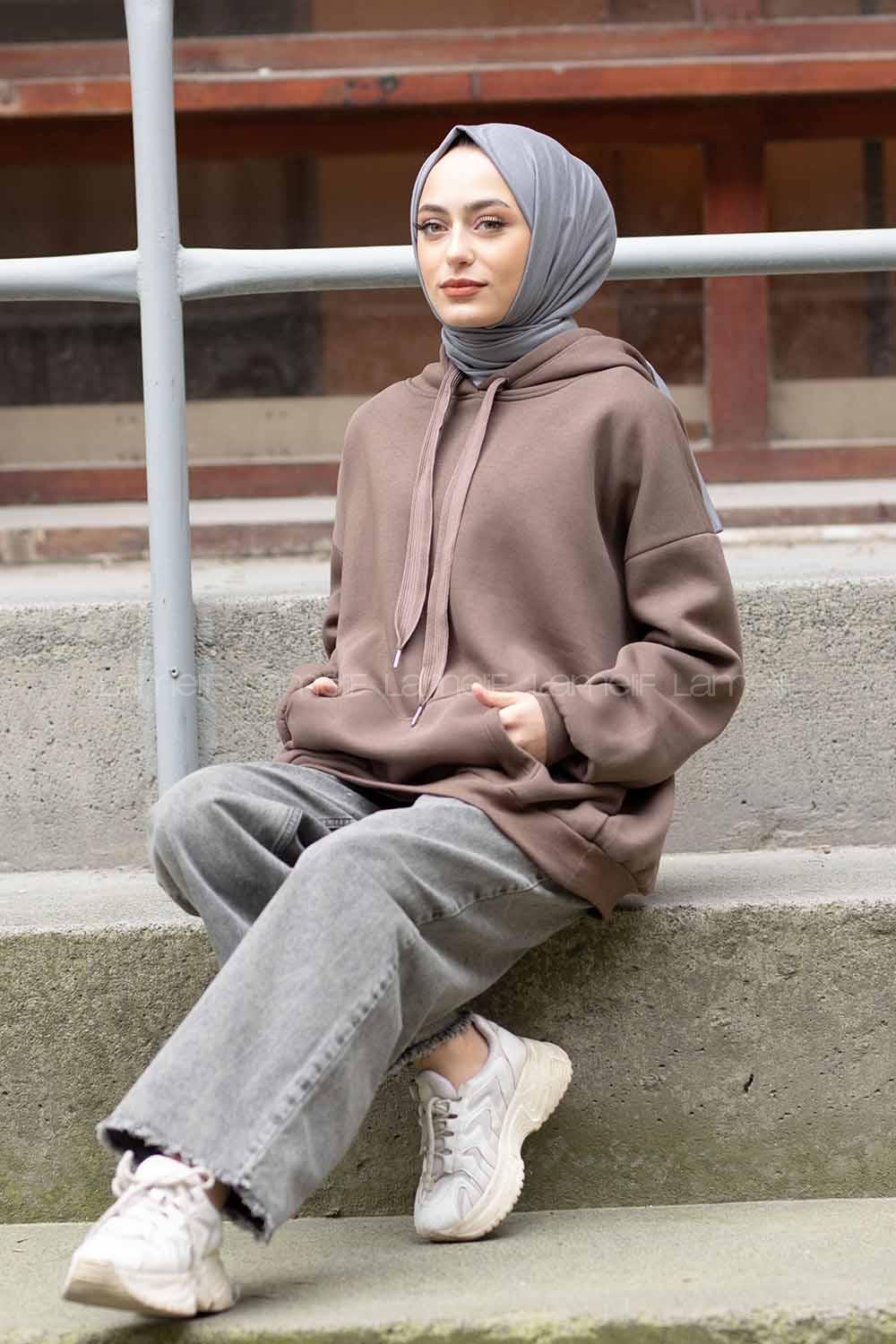 Modalamelif Kapşonlu Salaş Sweatshirt Softt Kahve