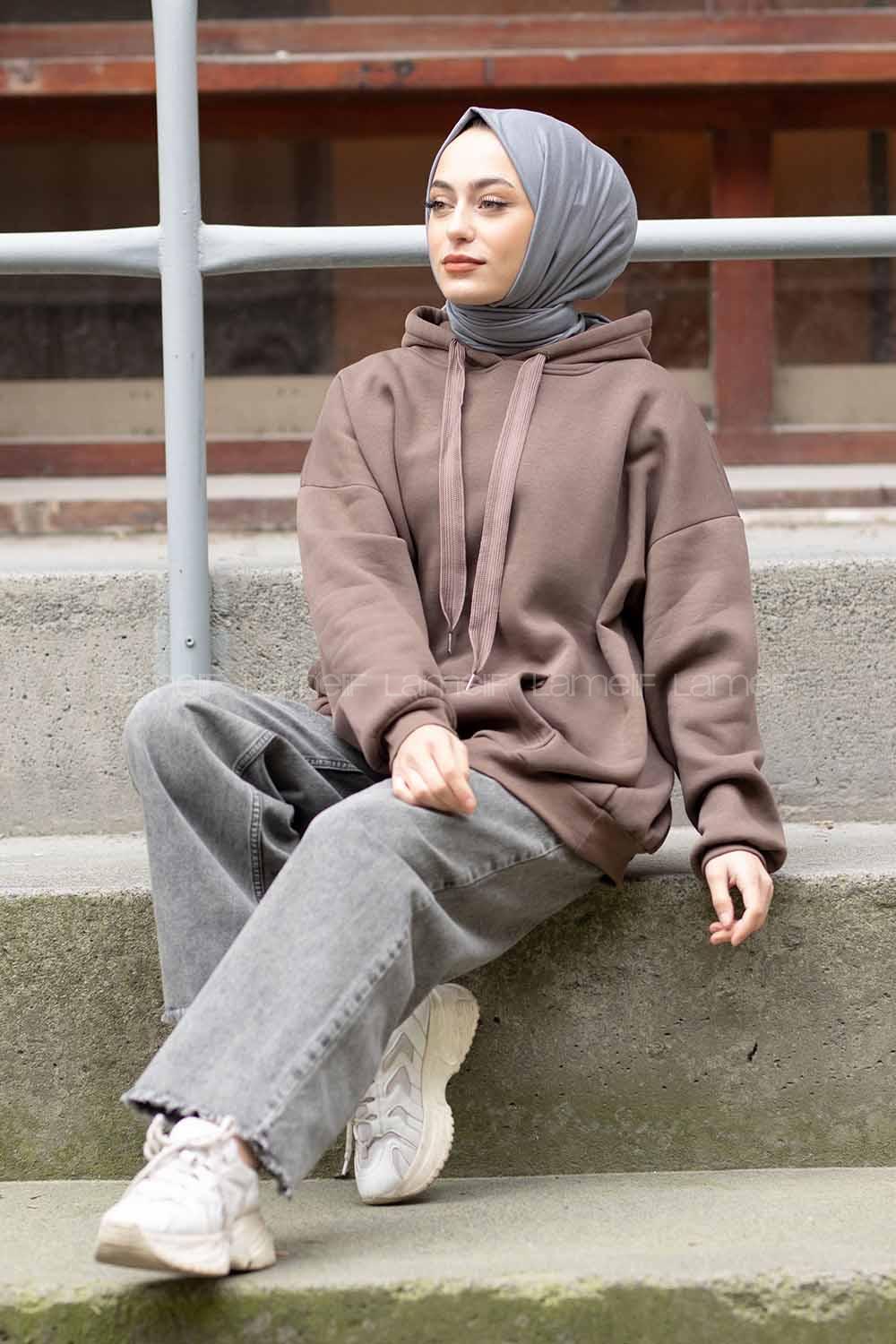 Modalamelif Kapşonlu Salaş Sweatshirt Softt Kahve