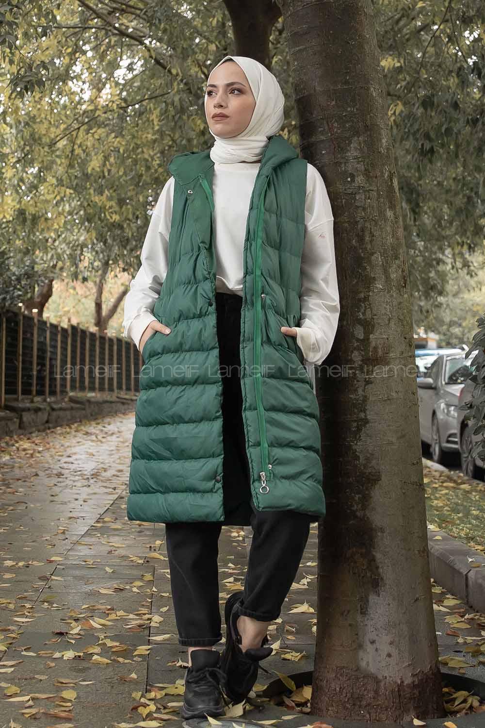 Modalamelif Kapşonlu Bohem Şişme Yelek Yeşil