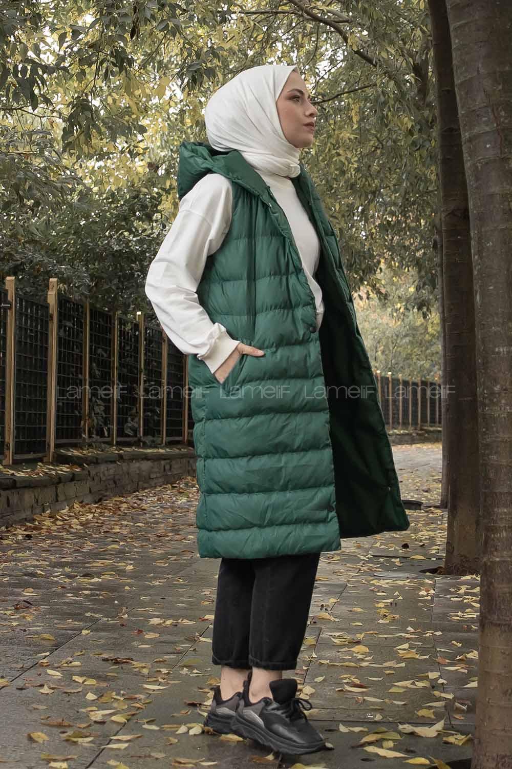 Modalamelif Kapşonlu Bohem Şişme Yelek Yeşil