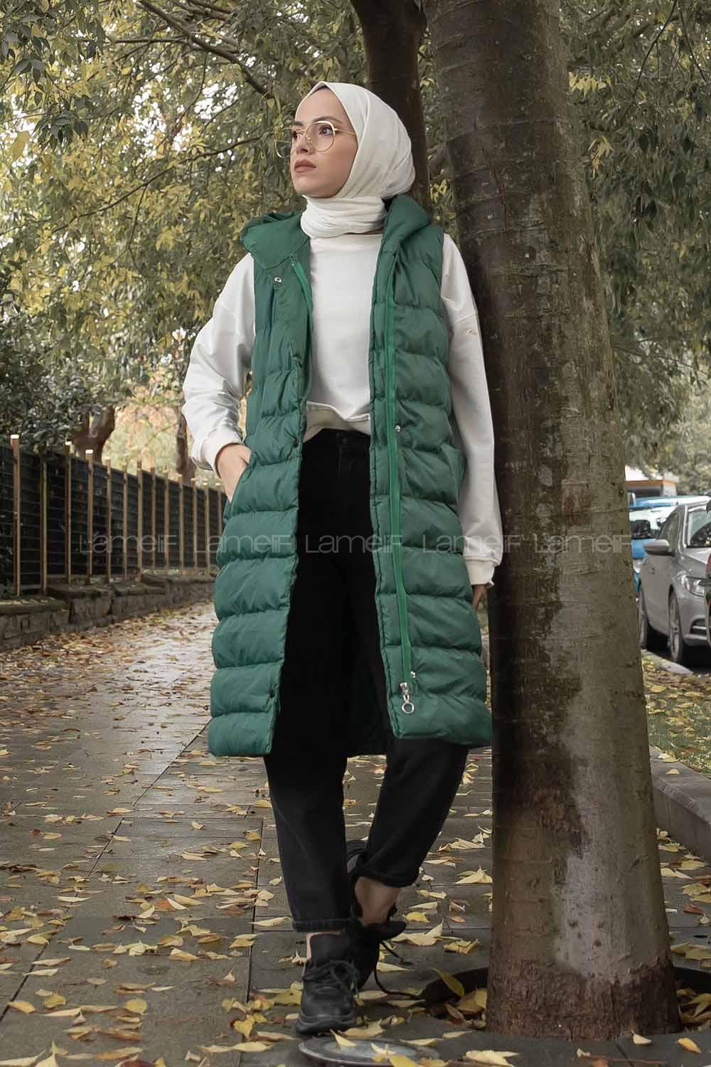 Modalamelif Kapşonlu Bohem Şişme Yelek Yeşil