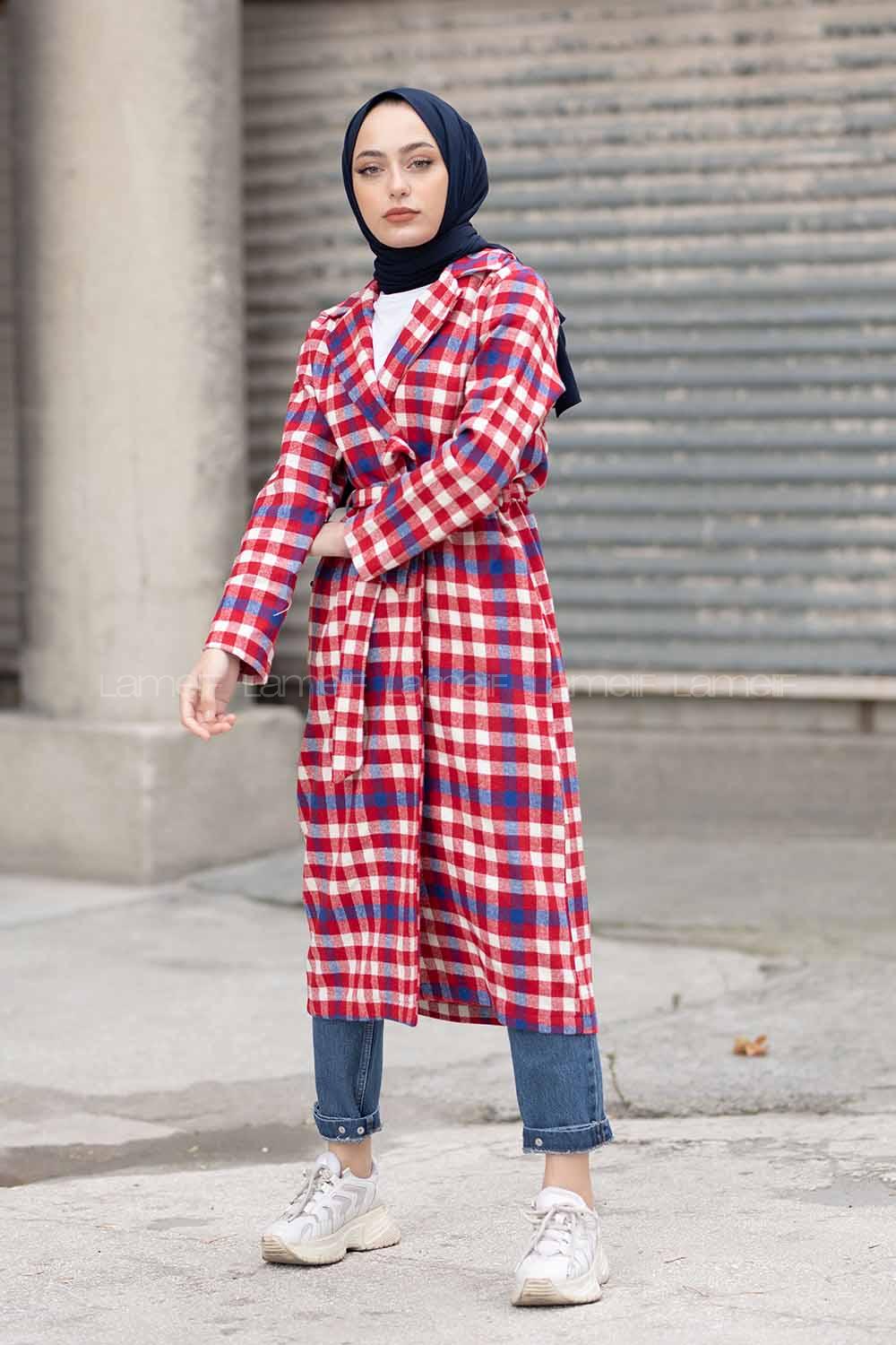 Modalamelif Kemerli Ekose Uzun Kaban Kırmızı