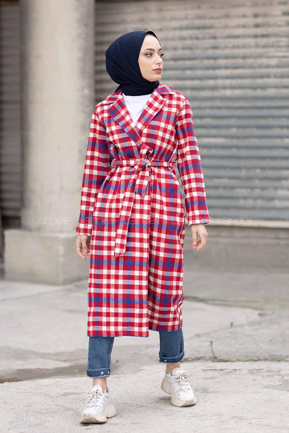 Modalamelif Kemerli Ekose Uzun Kaban Kırmızı