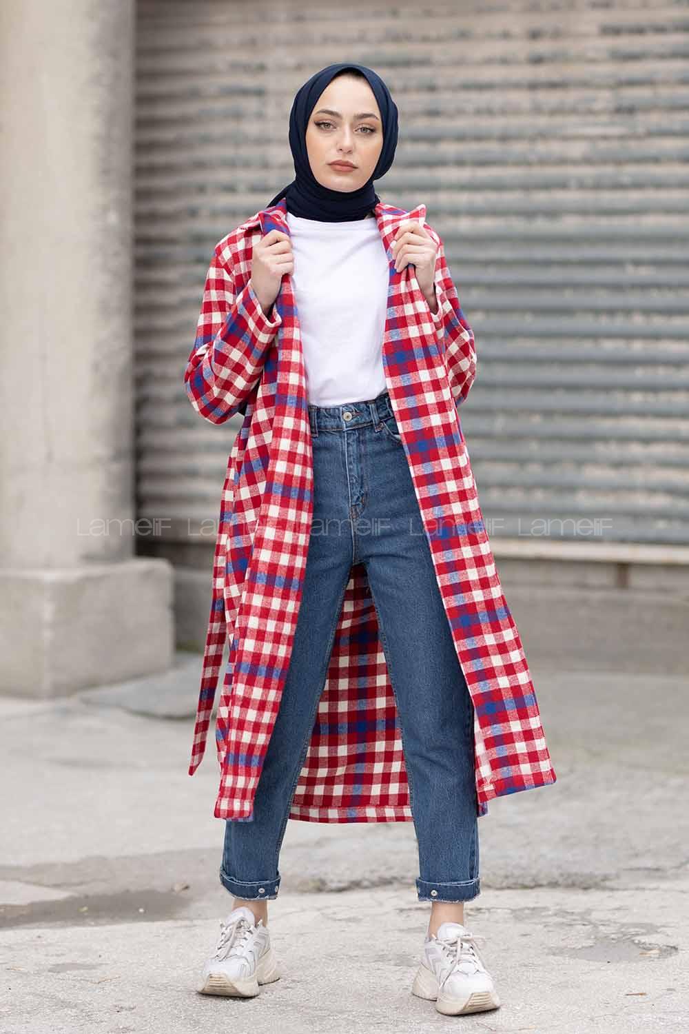 Modalamelif Kemerli Ekose Uzun Kaban Kırmızı