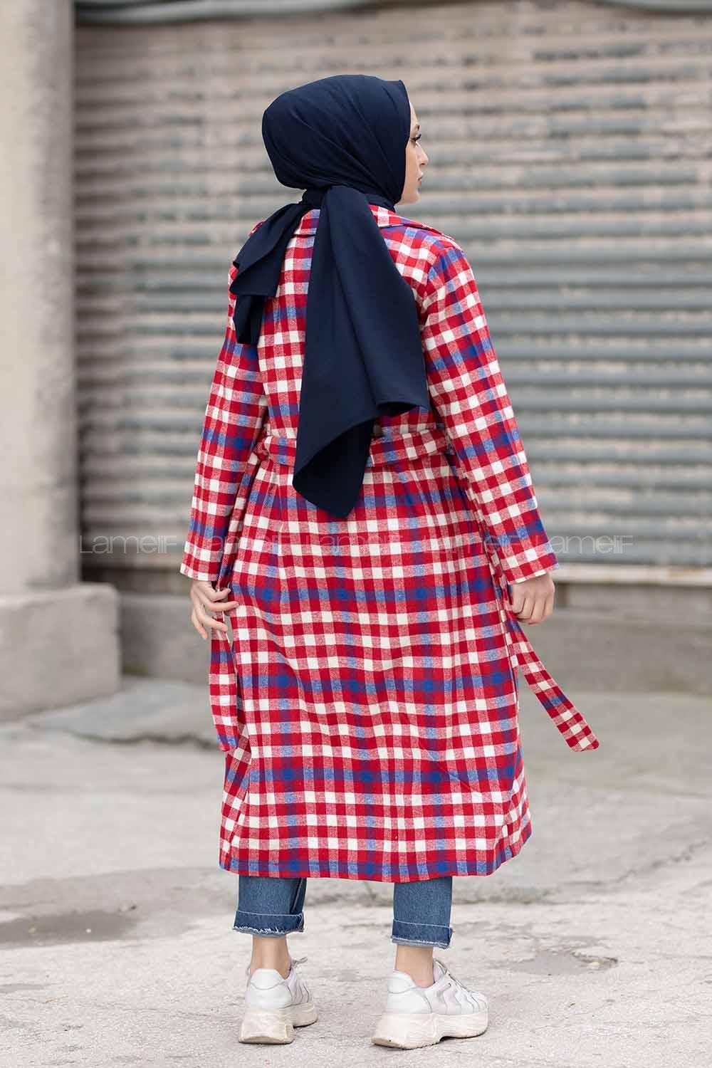 Modalamelif Kemerli Ekose Uzun Kaban Kırmızı