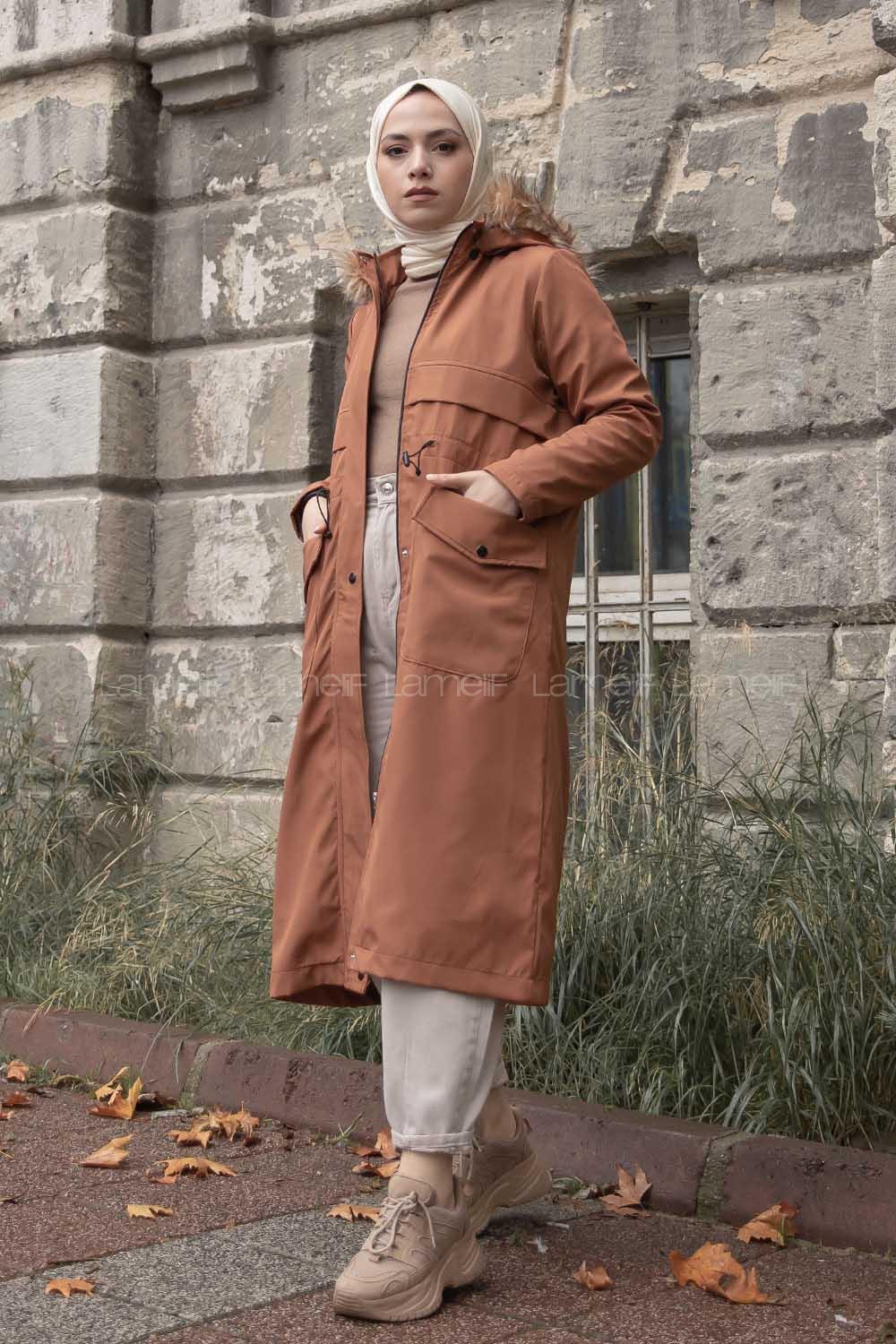 Modalamelif Körük Cepli kapşonlu Mont Camel