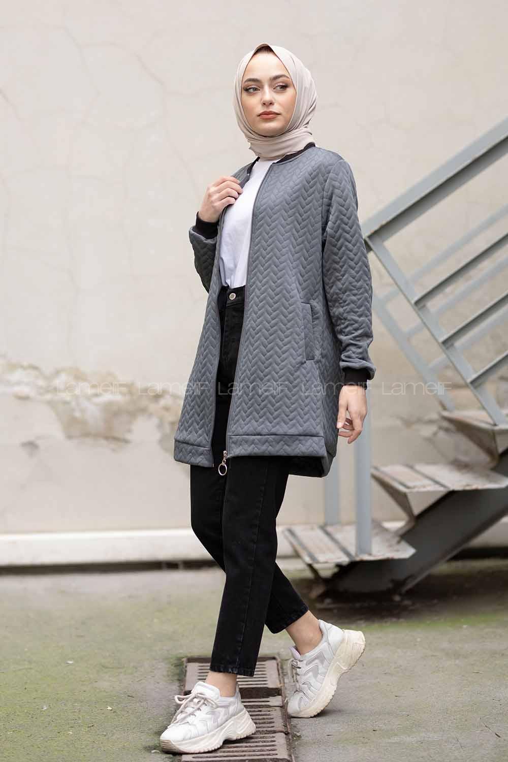 Modalamelif Önü Fermuarlı Kapitone Hırka Bohem Gri