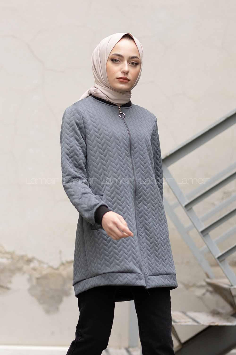 Modalamelif Önü Fermuarlı Kapitone Hırka Bohem Gri