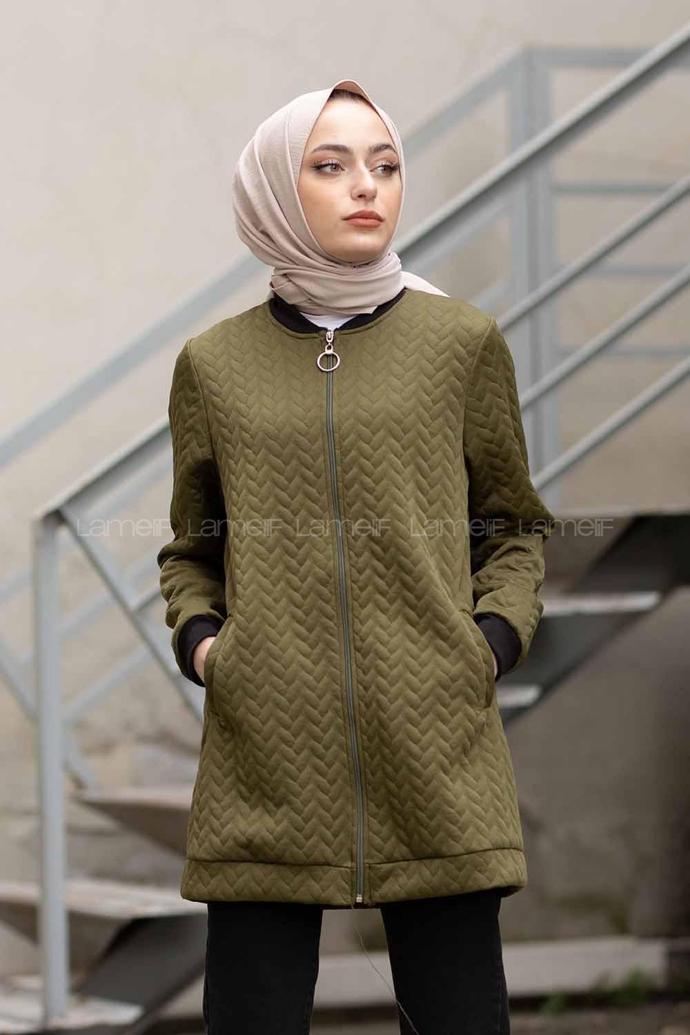 Modalamelif Önü Fermuarlı Kapitone Hırka Haki