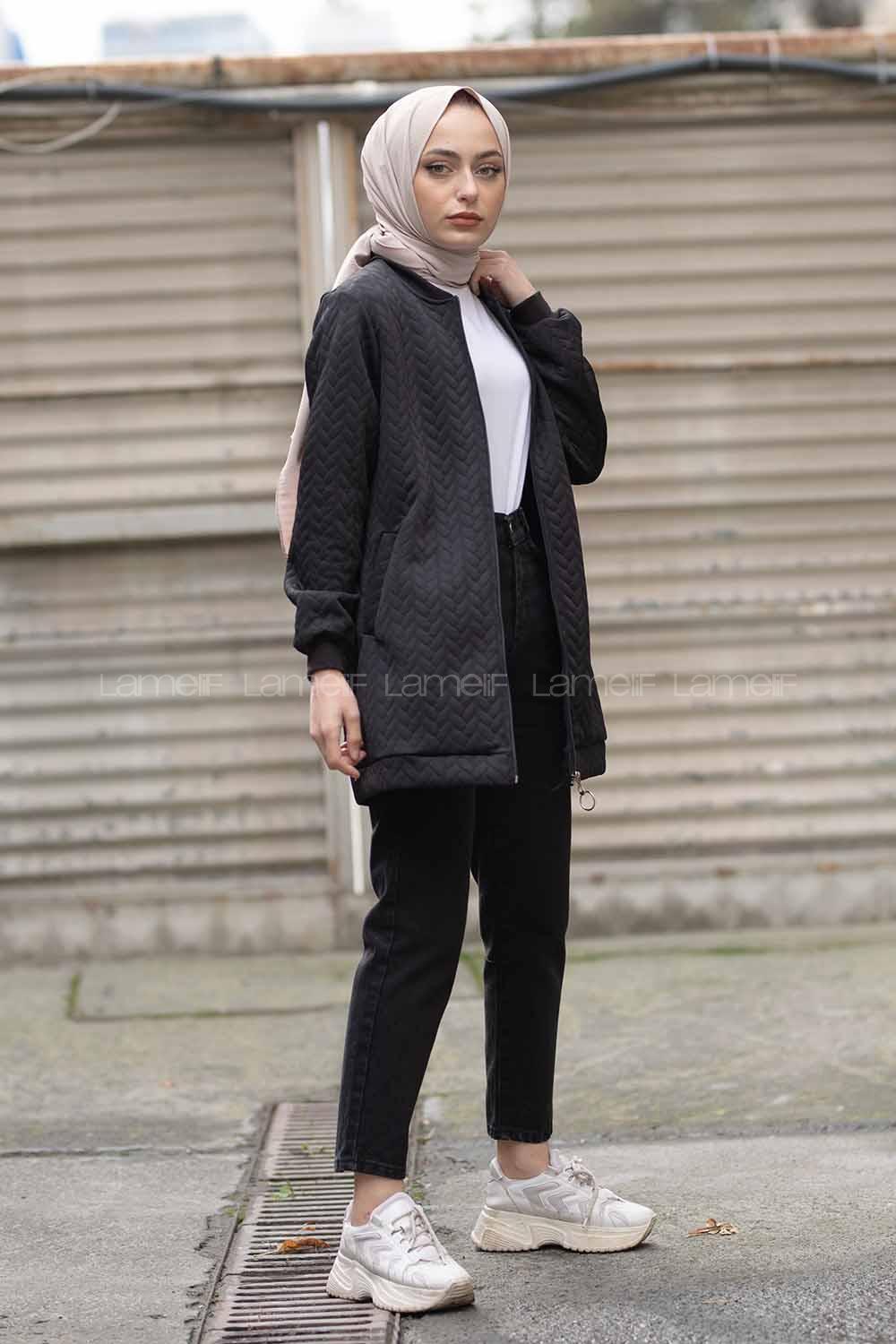 Modalamelif Önü Fermuarlı Kapitone Hırka Siyah