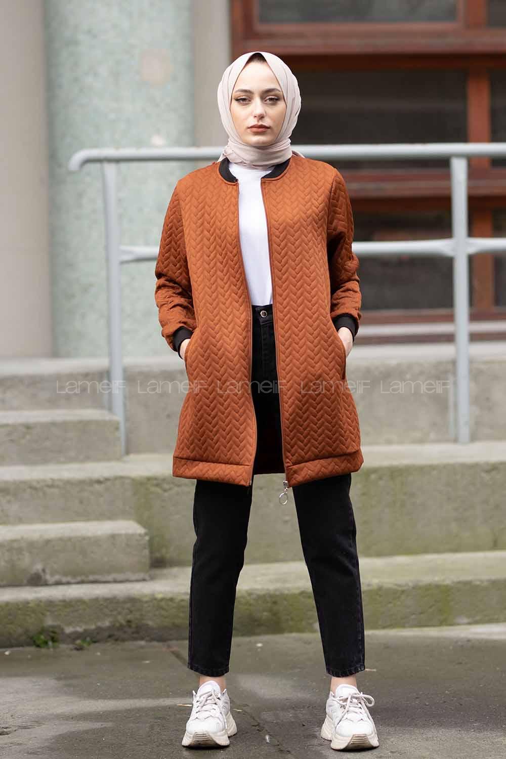 Modalamelif Önü Fermuarlı Kapitone Hırka Taba