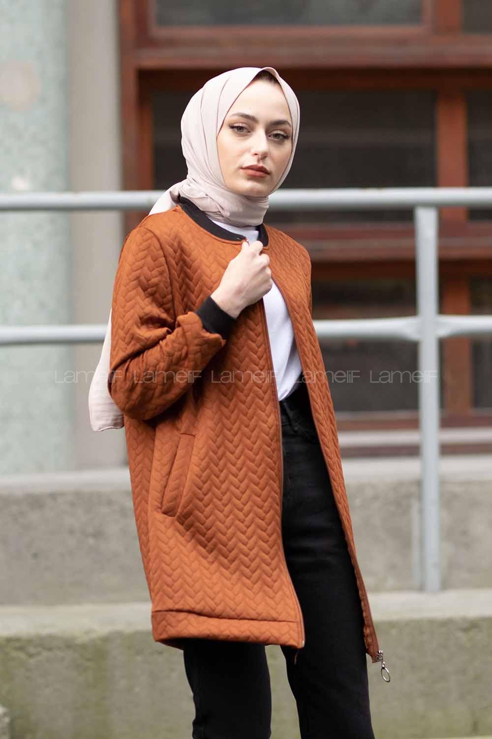 Modalamelif Önü Fermuarlı Kapitone Hırka Taba