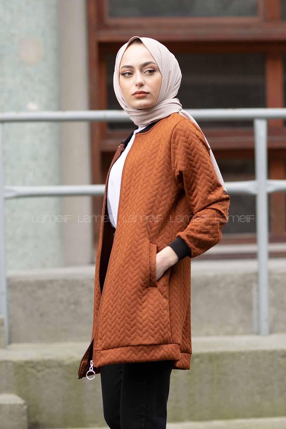 Modalamelif Önü Fermuarlı Kapitone Hırka Taba