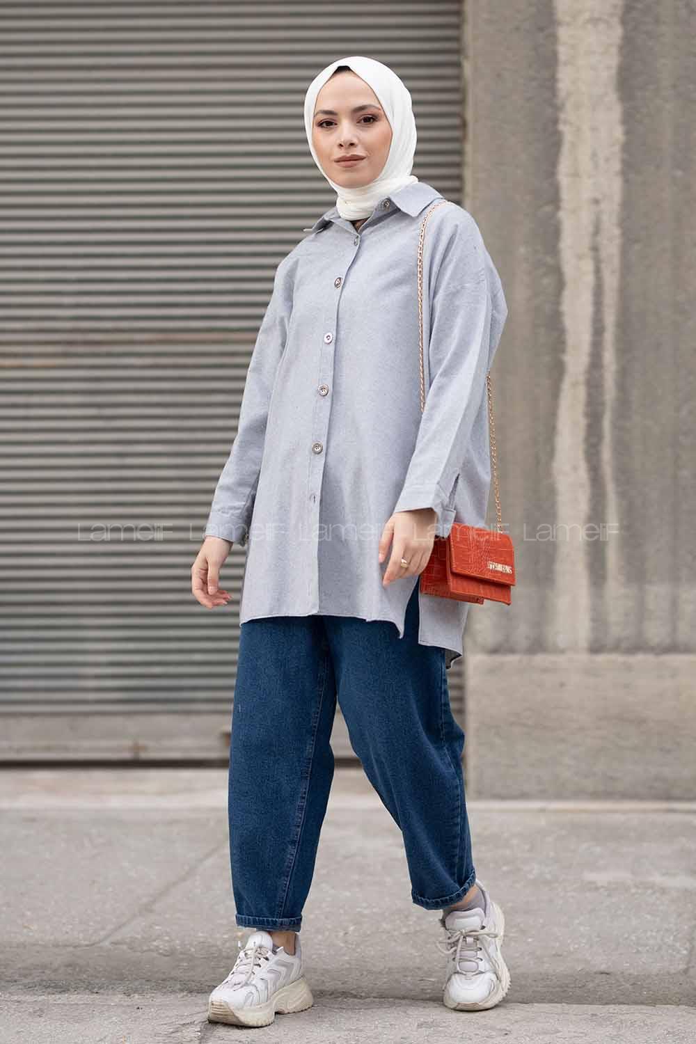 Modalamelif Önü Metal Düğmeli Oversize Gömlek Gri