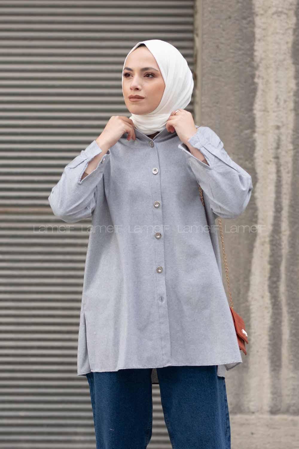 Modalamelif Önü Metal Düğmeli Oversize Gömlek Gri