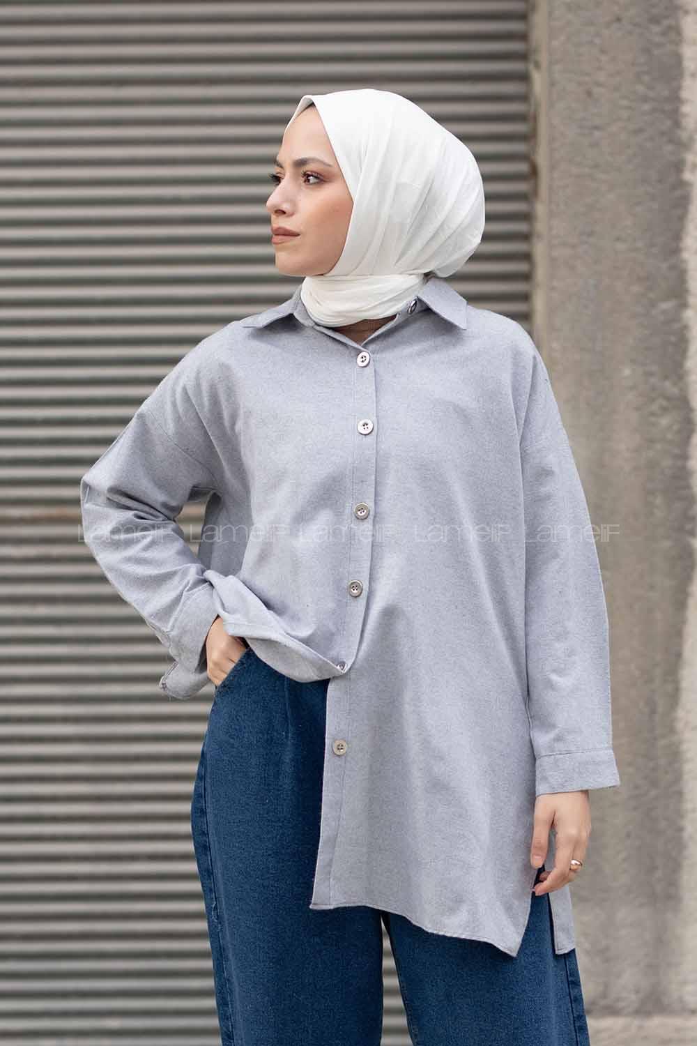 Modalamelif Önü Metal Düğmeli Oversize Gömlek Gri