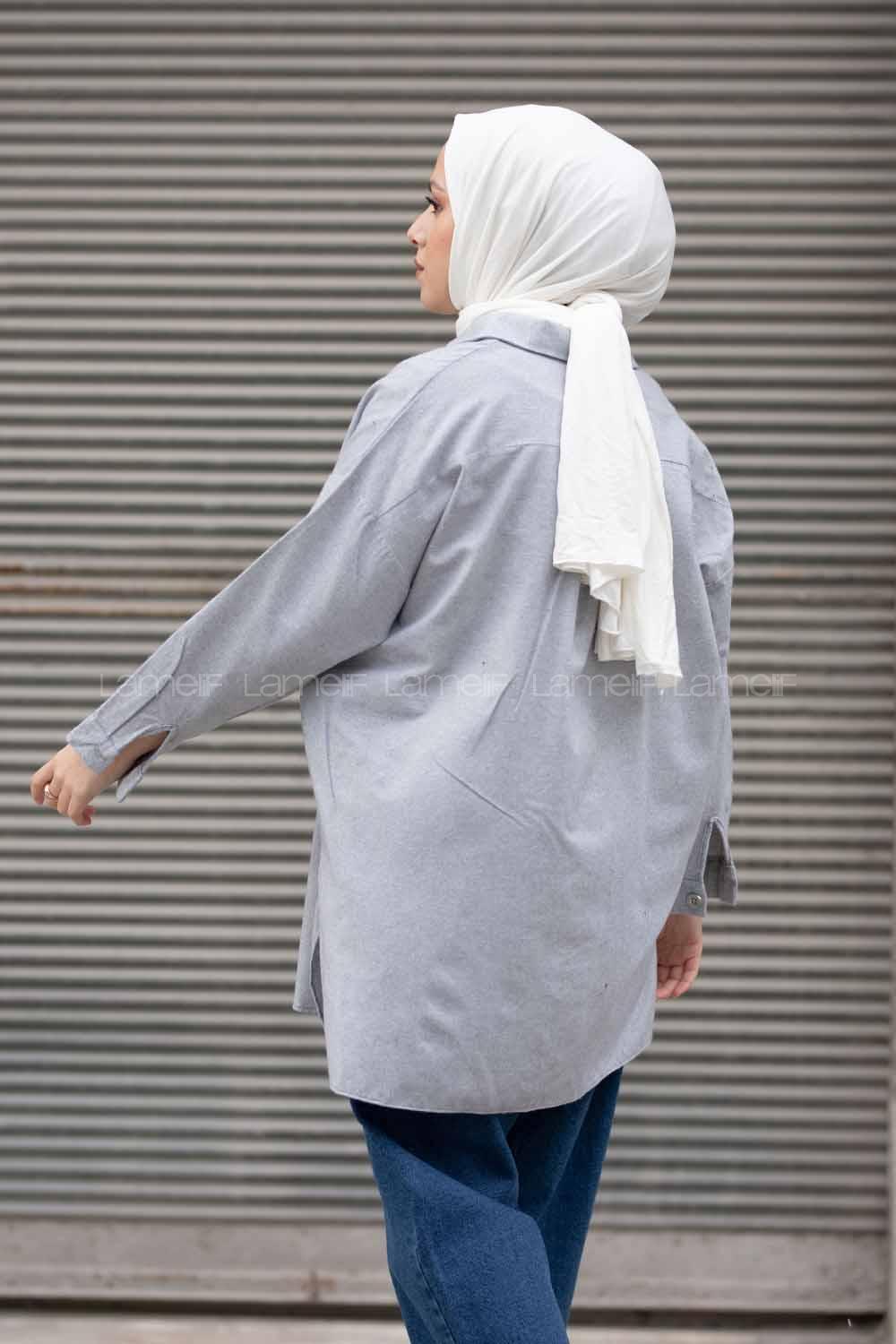 Modalamelif Önü Metal Düğmeli Oversize Gömlek Gri