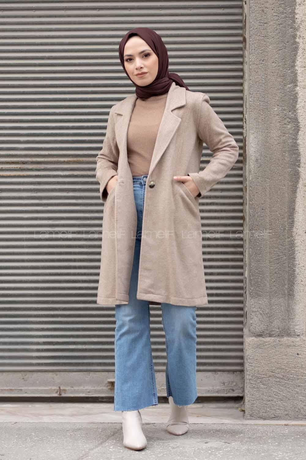 Modalamelif Önü Tek Düğmeli Kaşe Kaban Kum Beji